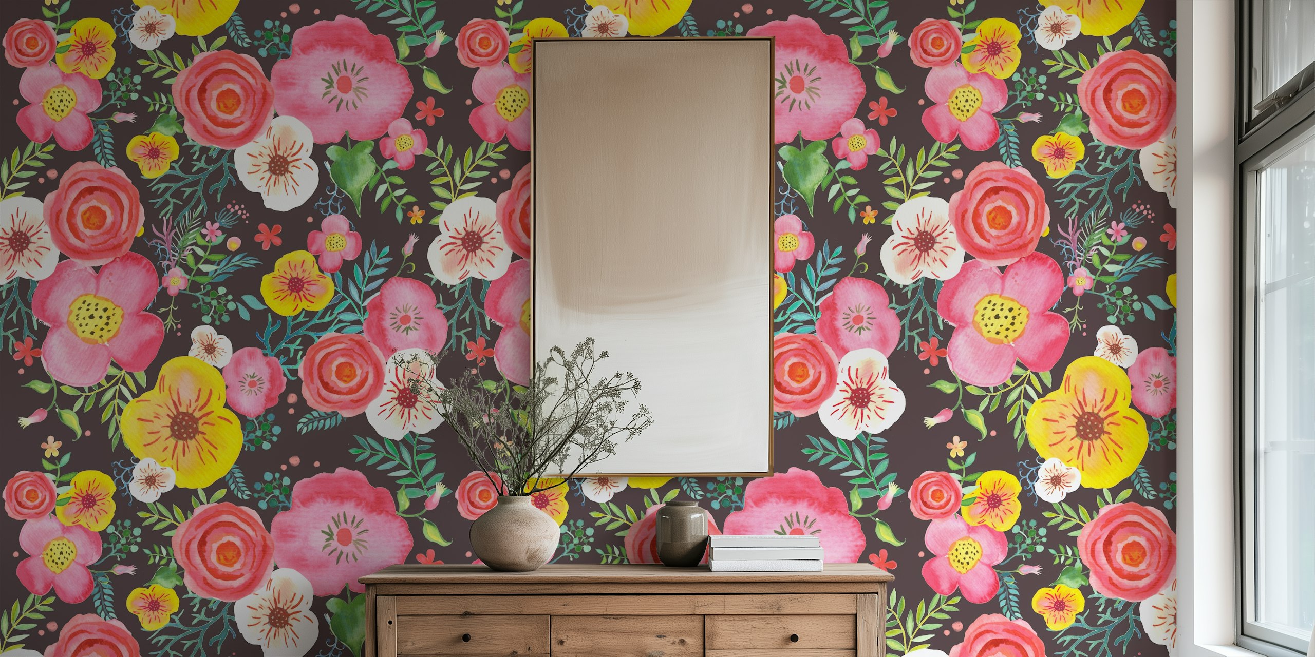 Colorful garden flowers in pink, yellow, and white on dark background wallpaper