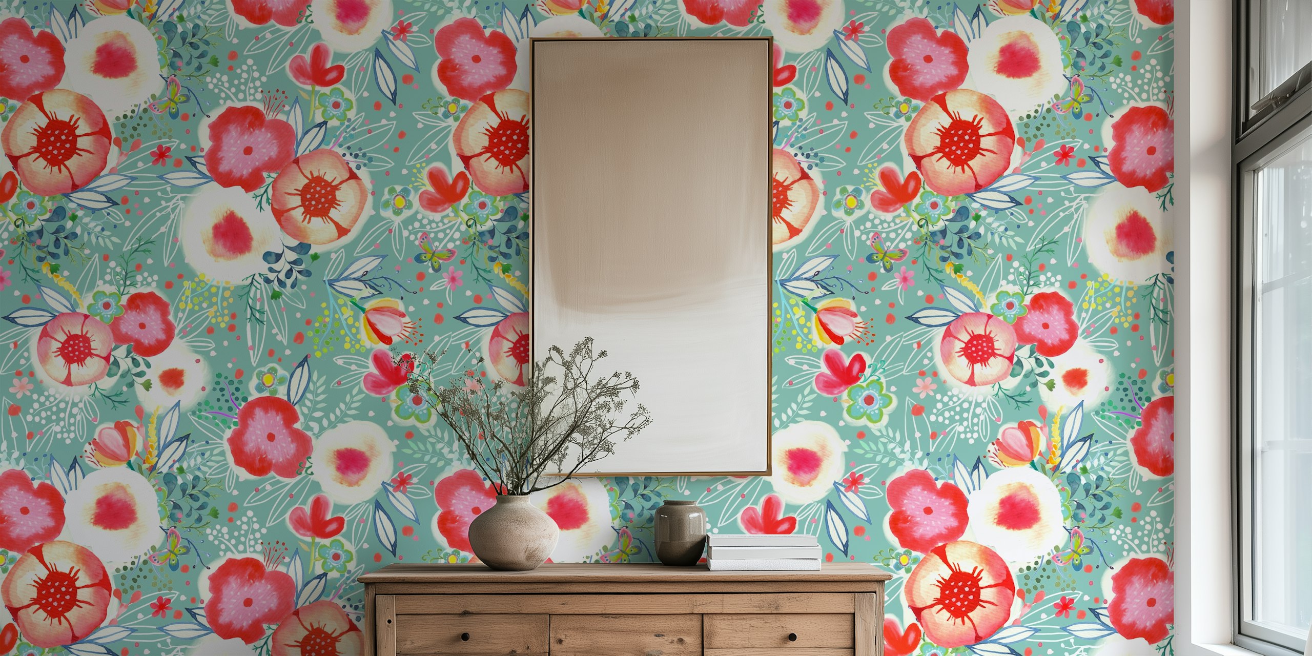 Fleurs de jardin aquarelle en papier peint à la menthe pour la décoration intérieure.