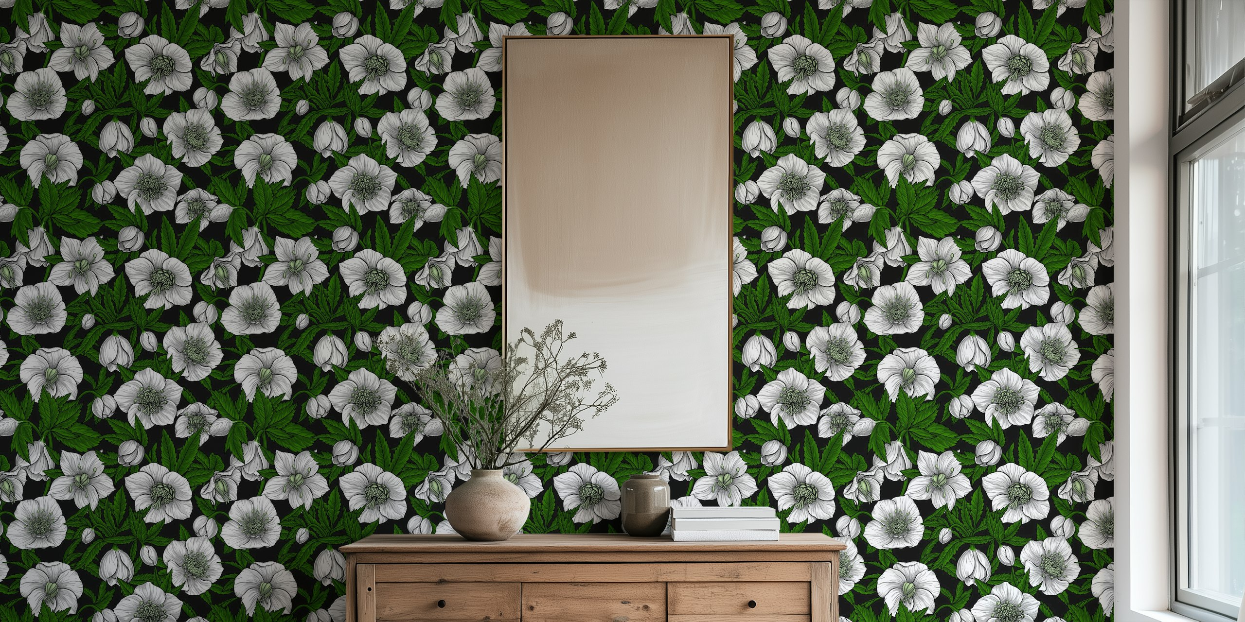 Blomster tapet med White Hellebores och gröna blad