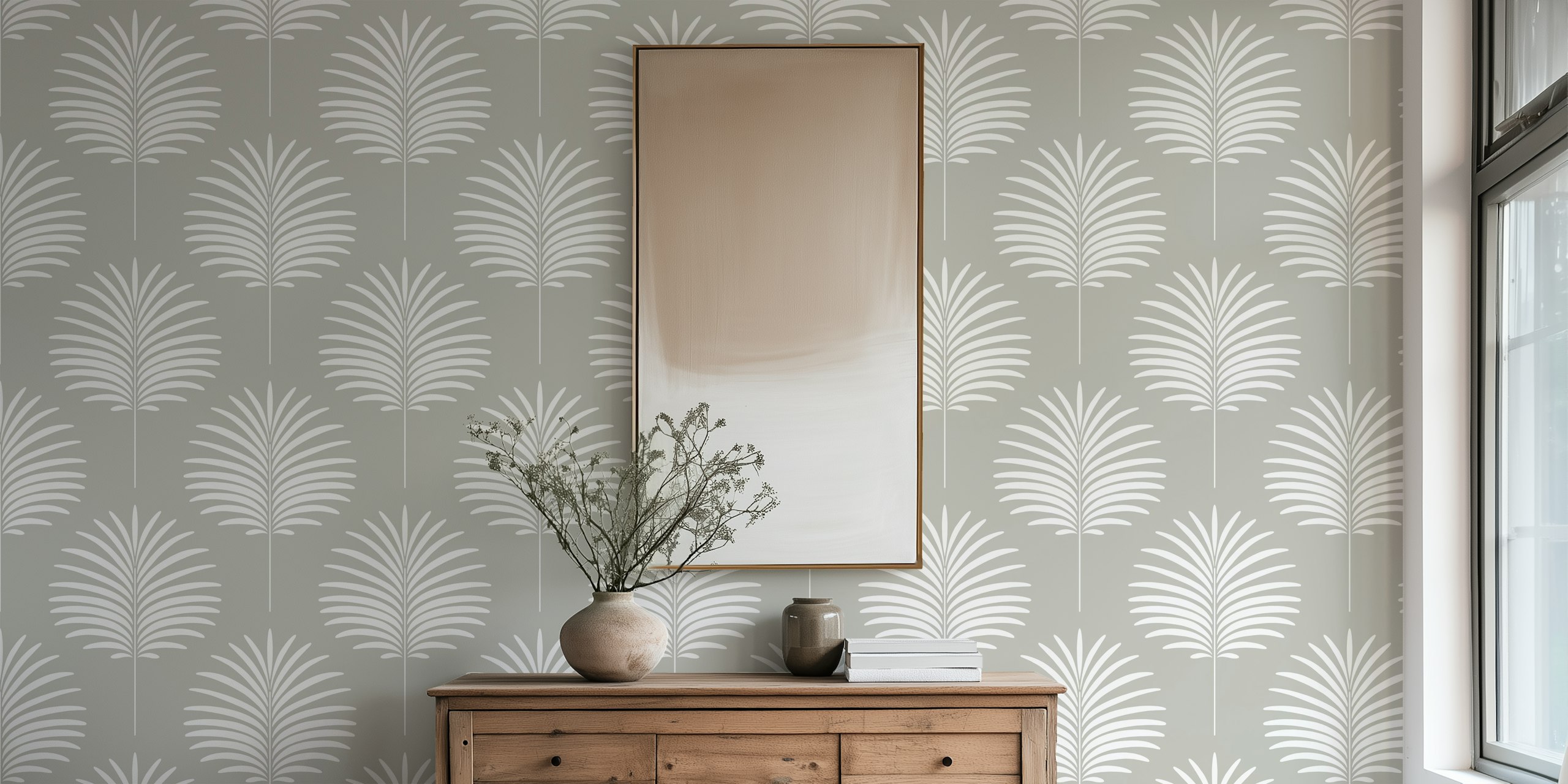 Wallpaper featuring palm leaves on gray background
