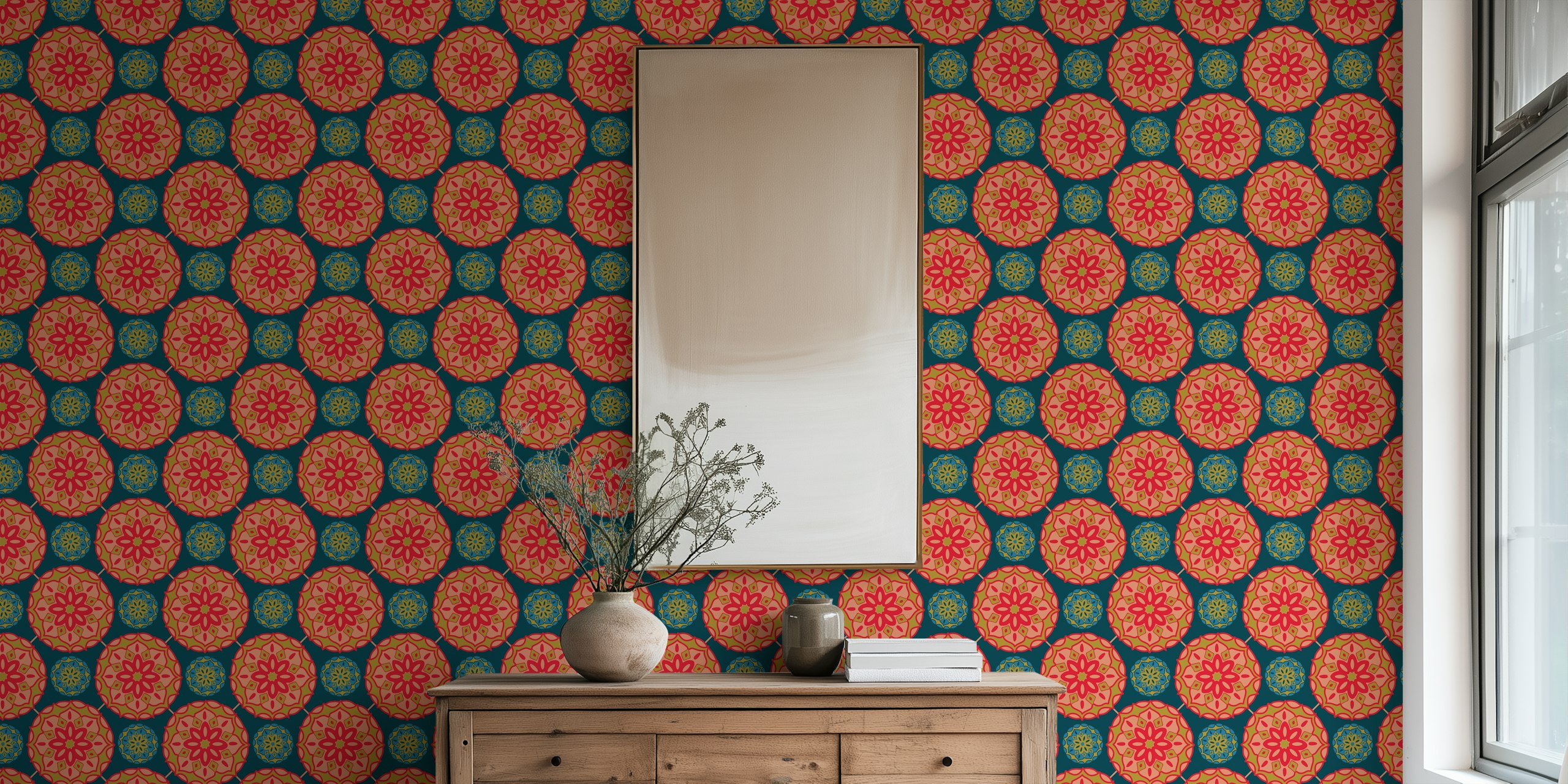 Design de papel de parede mandala floral boêmio vermelho