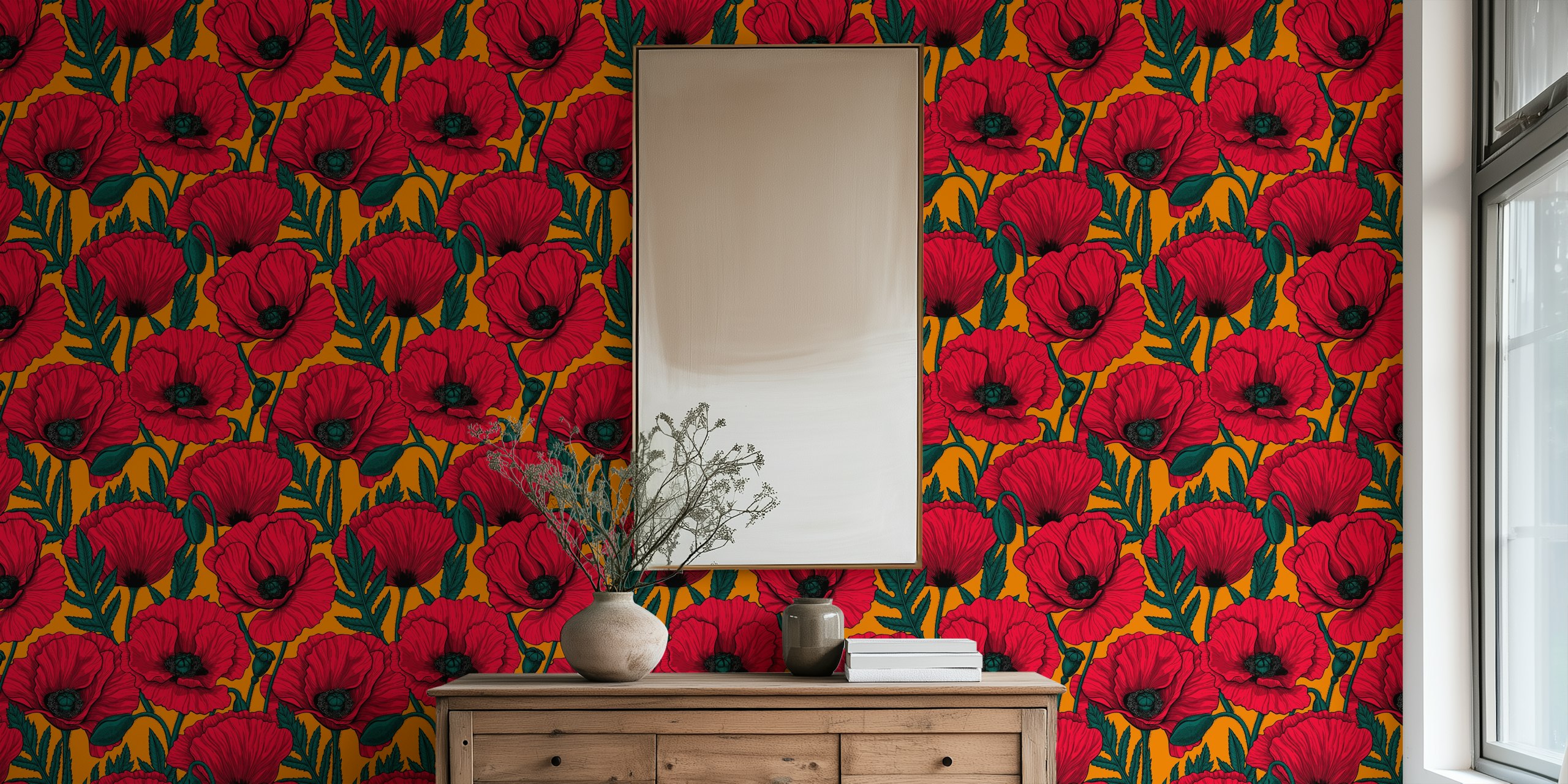 Papel de parede Red poppy garden exibido em um quarto