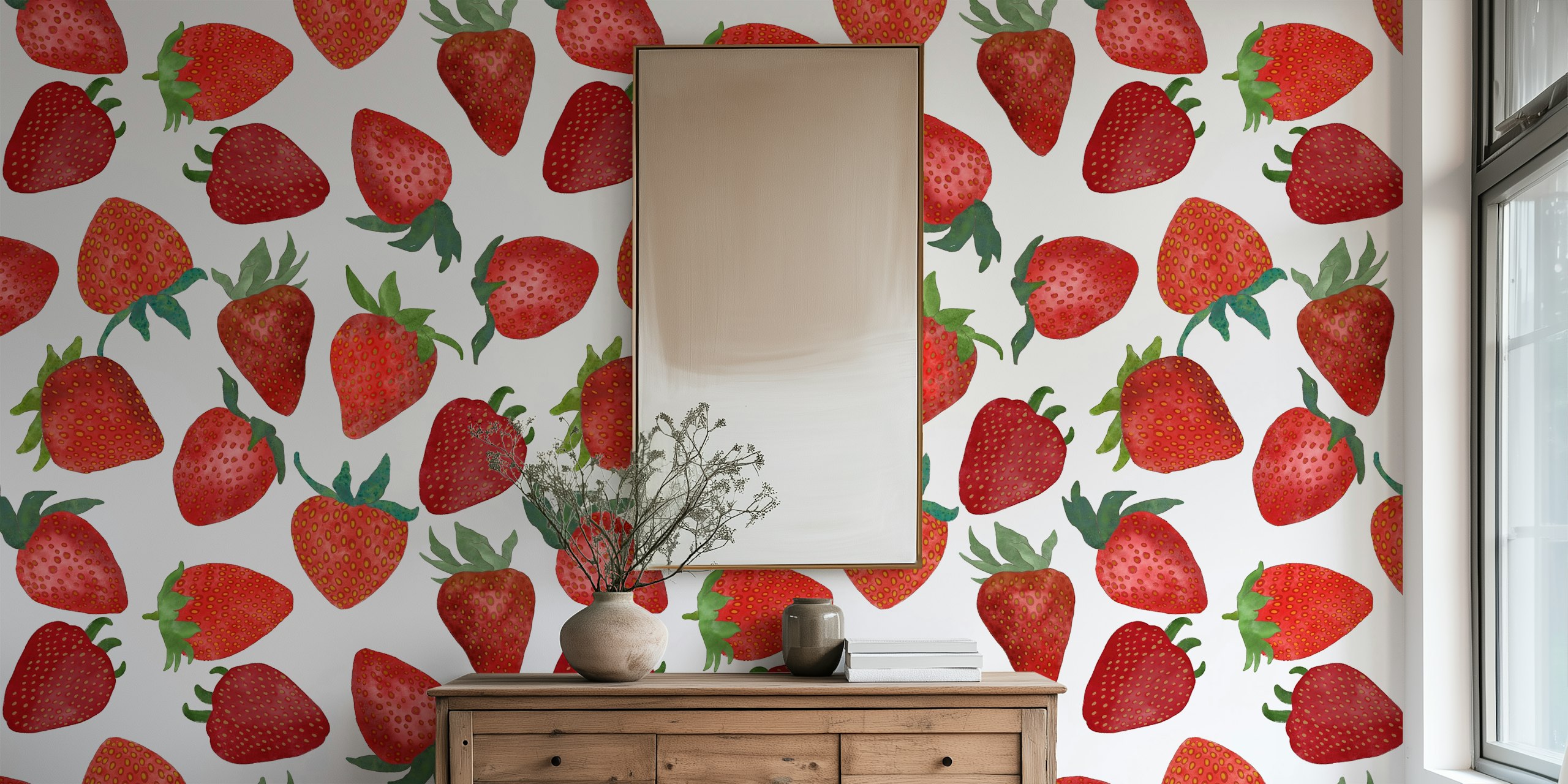 Watercolor strawberries in red with green leaves wallpaper