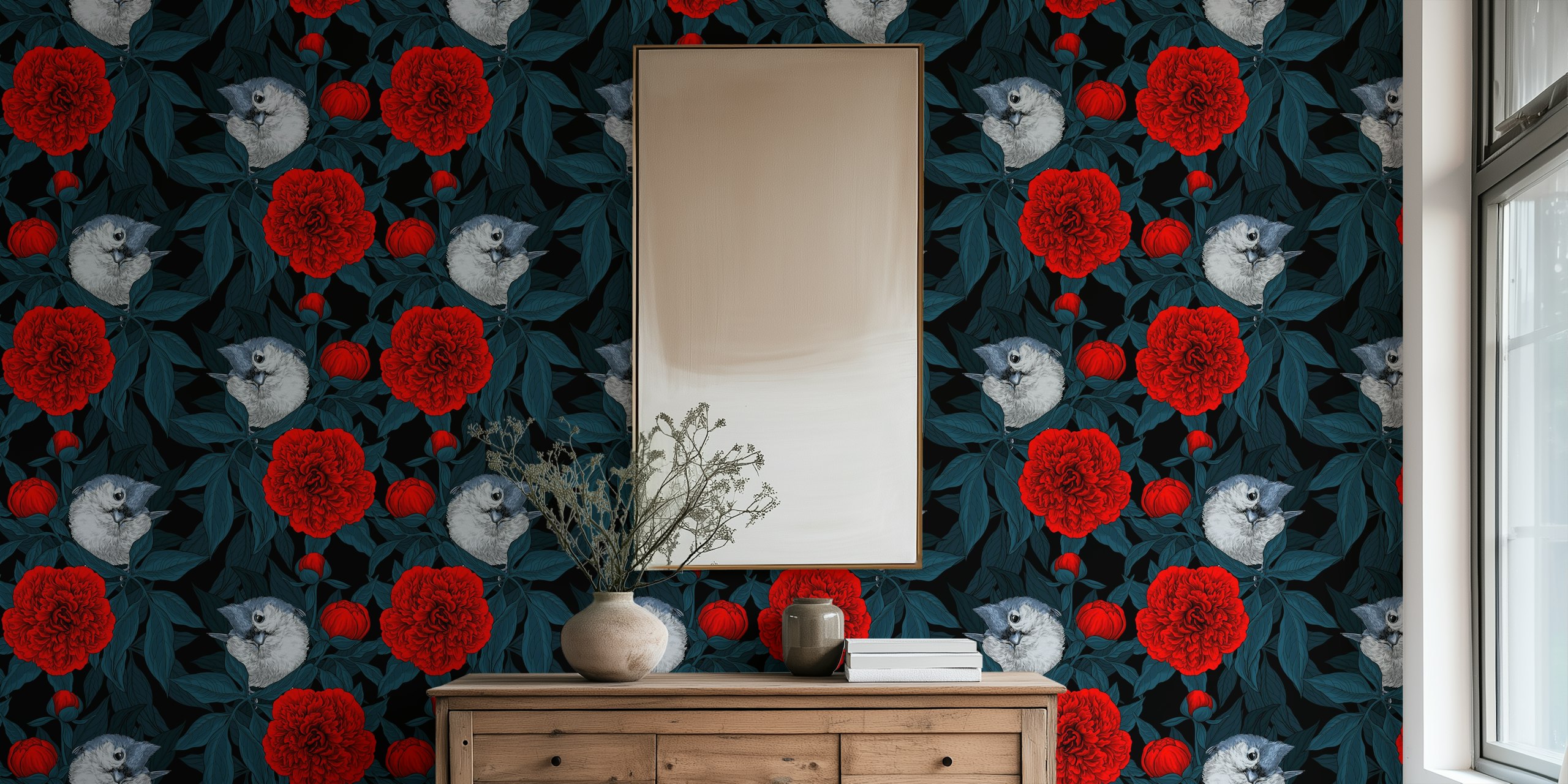 Wallpaper featuring birds and red peony flowers