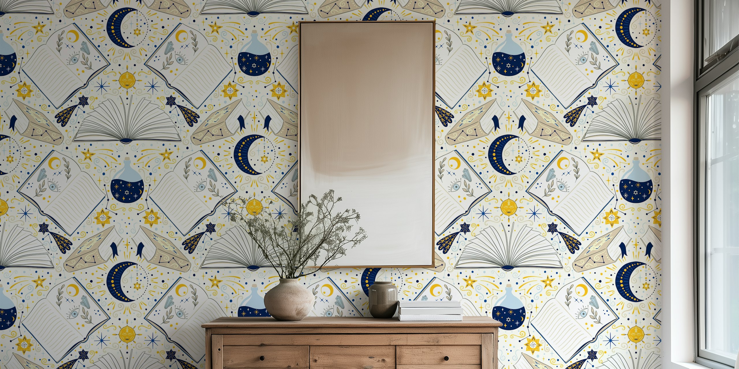 Celestial book bright academia wallpaper in a room