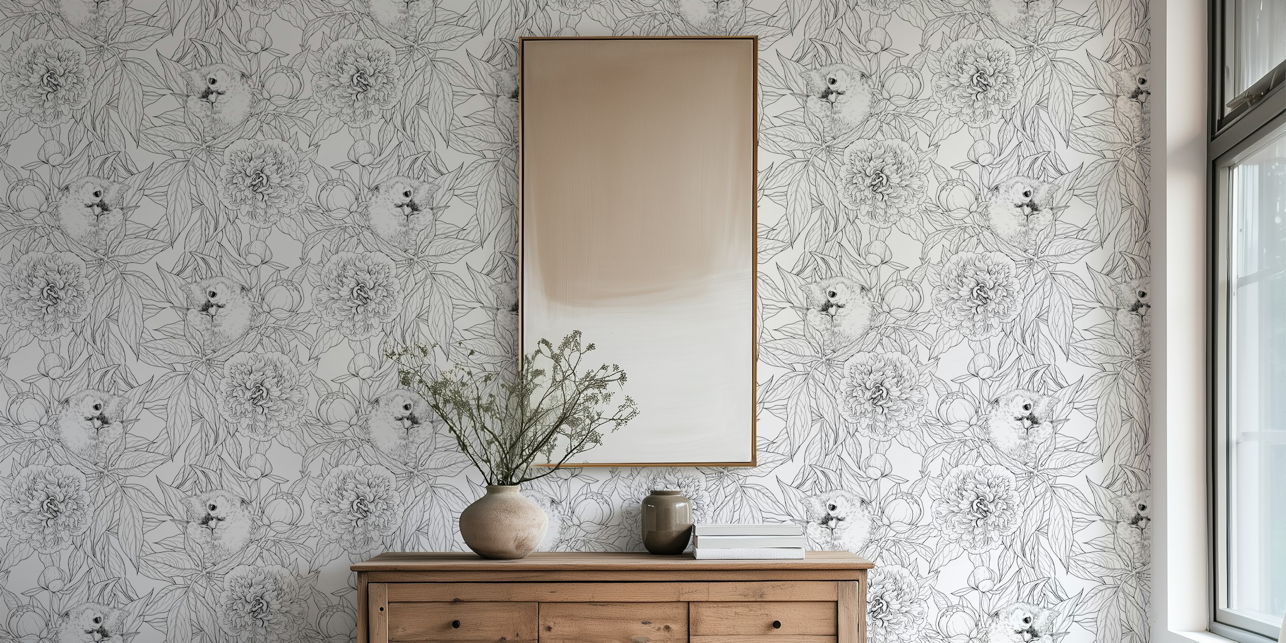 Birds and peony flowers in black and white wallpaper