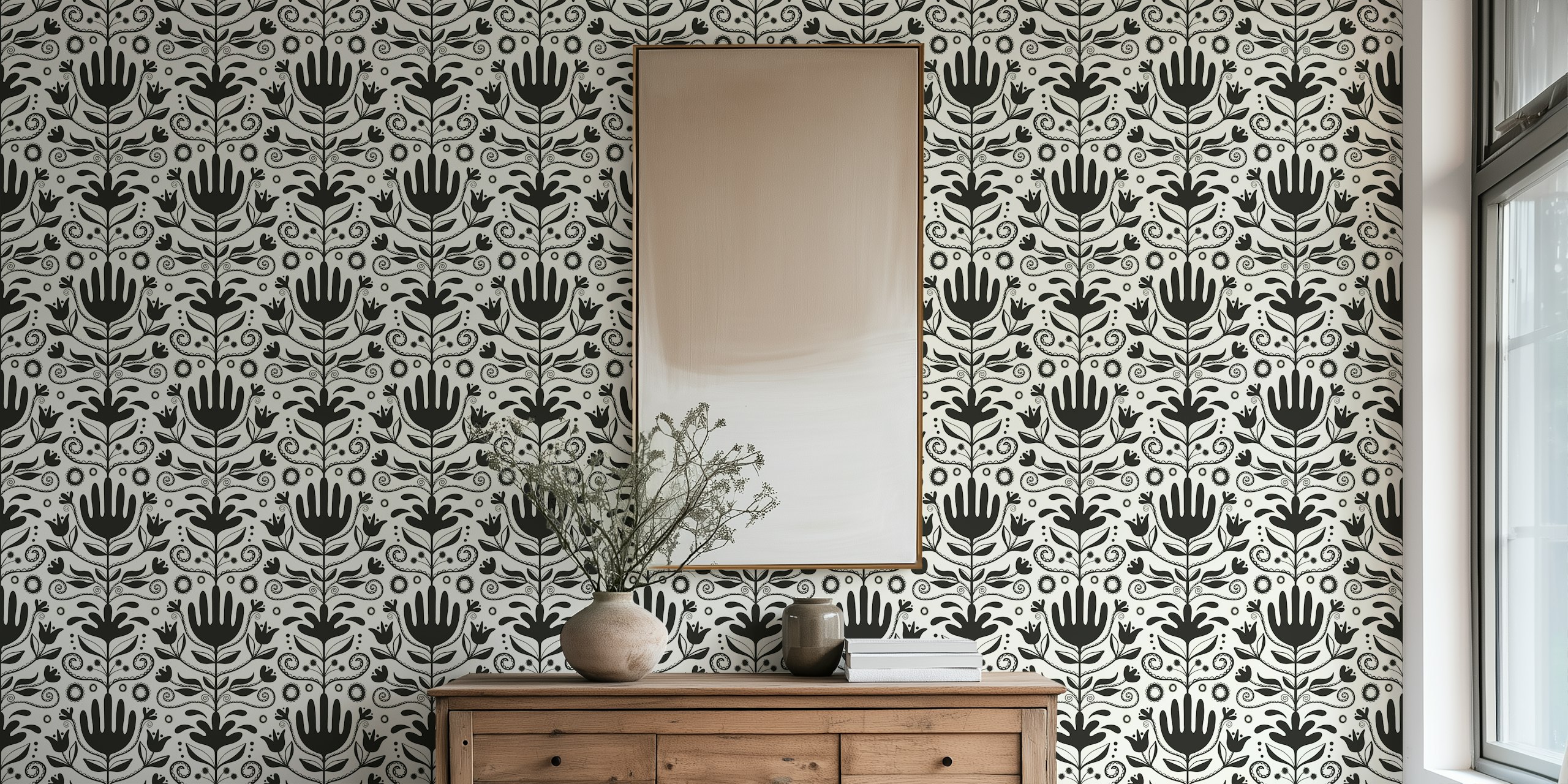 Nordic floral black wallpaper in a room