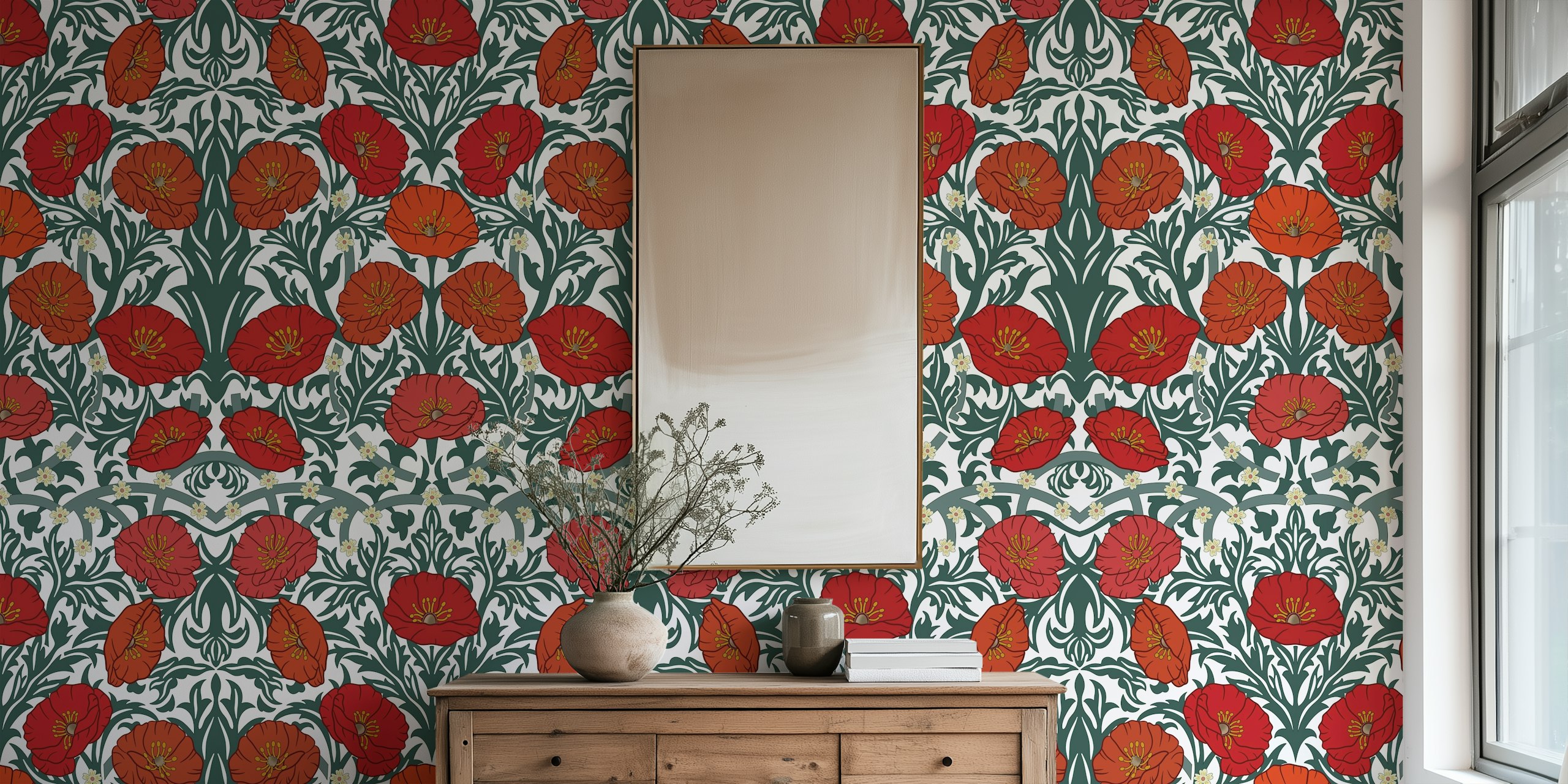 Red poppies and green leaves retro floral wallpaper