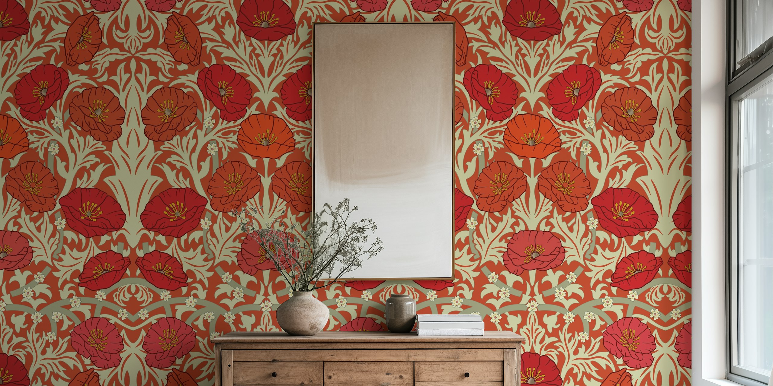 Väggmålning för röda vallmo i retrostil med utsmyckade mönster