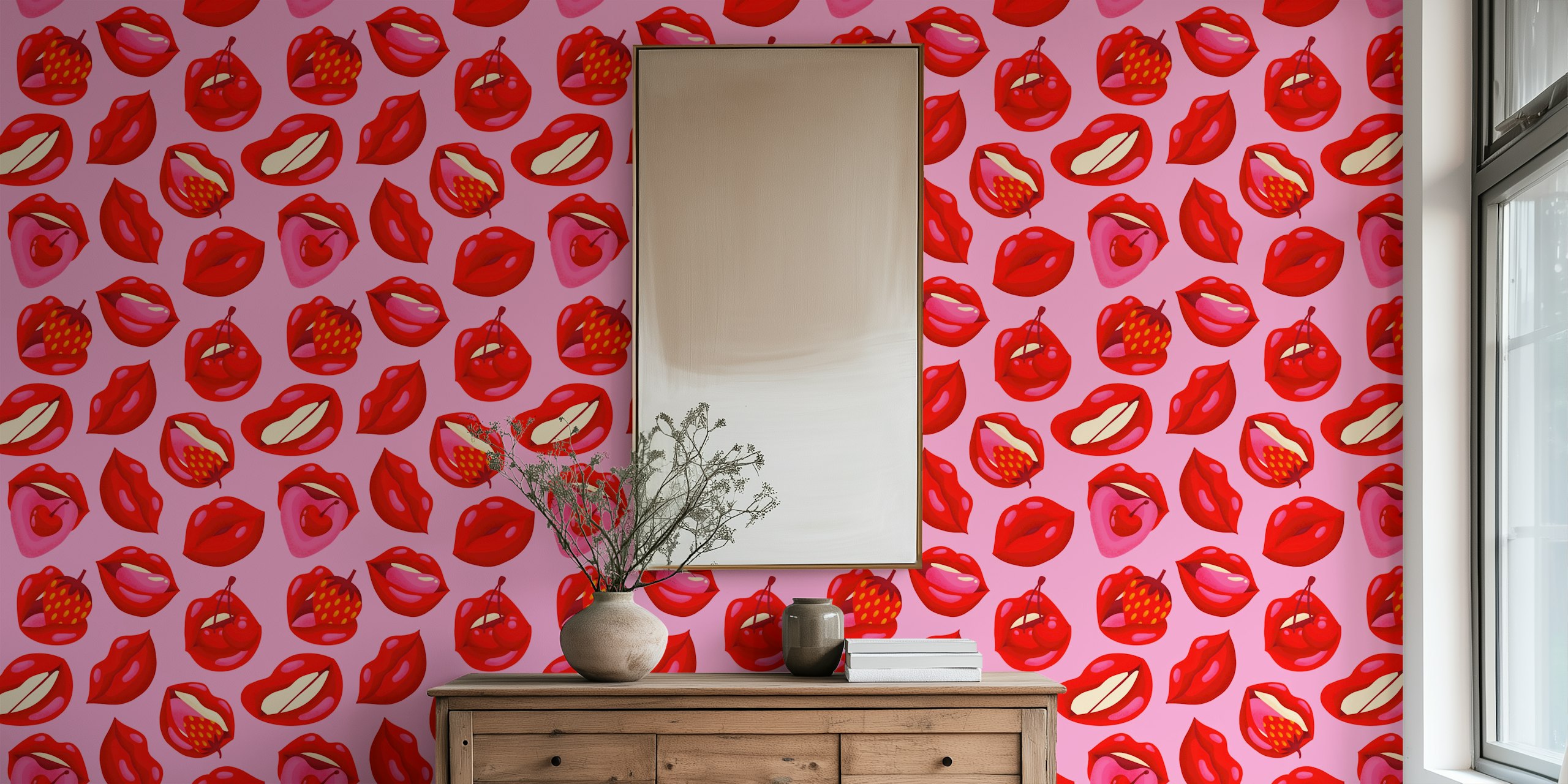 Rode lippen en fruitpatroon op roze achtergrond wallpaper