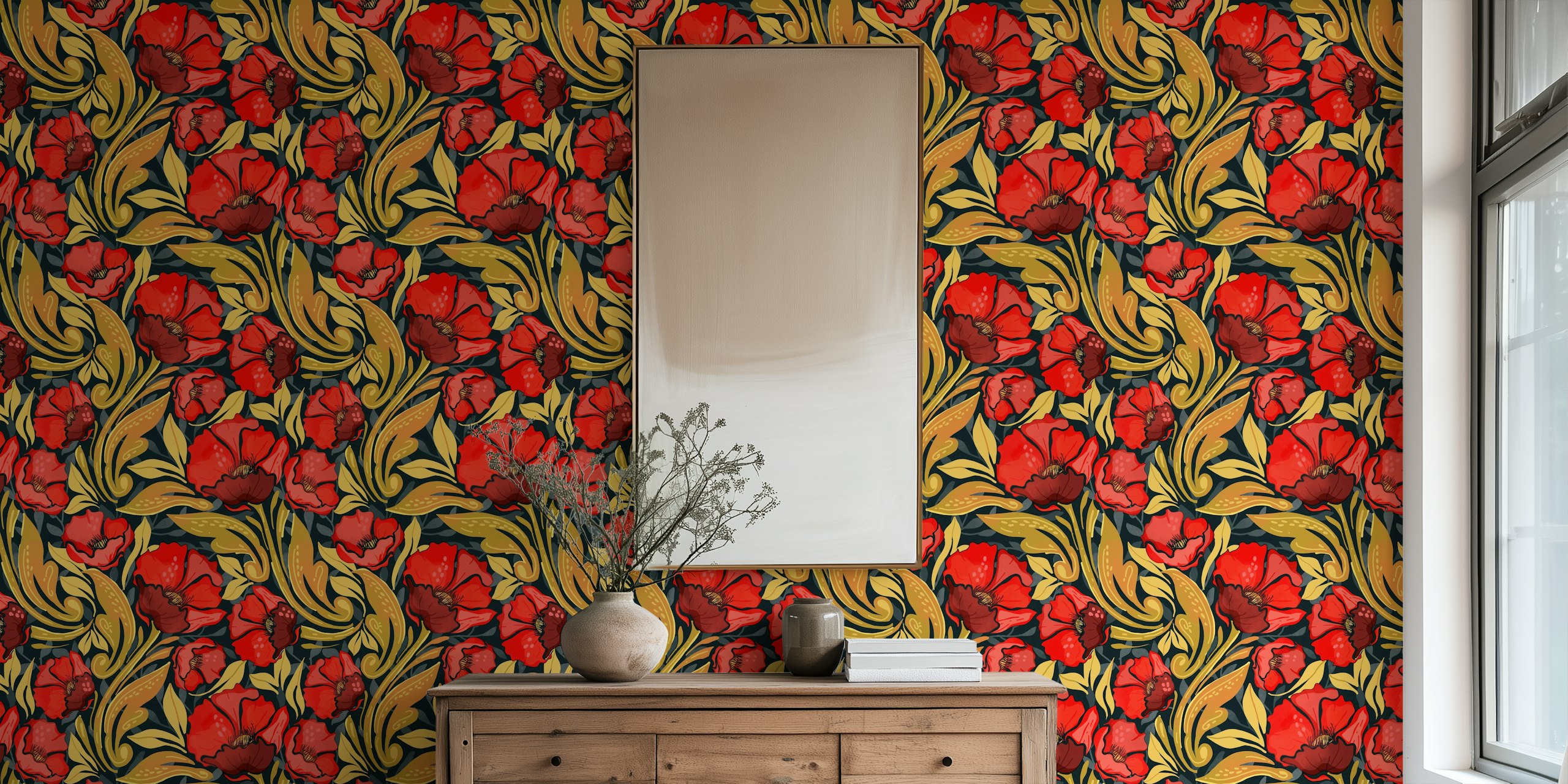 Red poppy flowers with green leaves on black background wallpaper