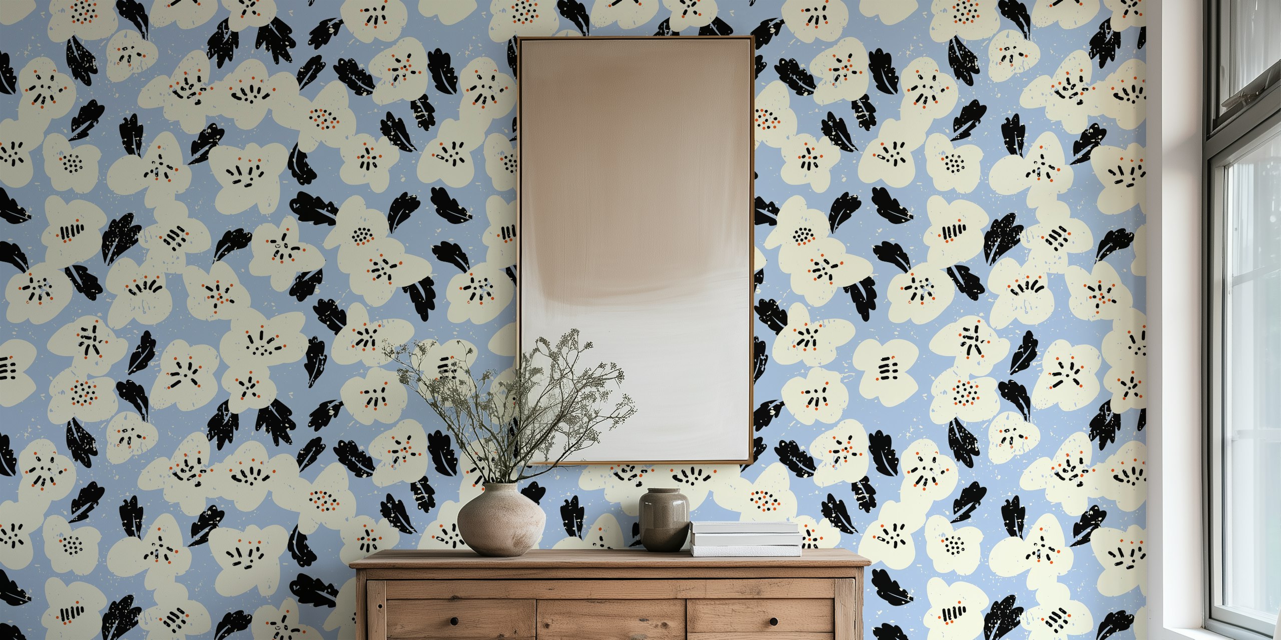 Blomsterpapirdesign på en blå bakgrunn