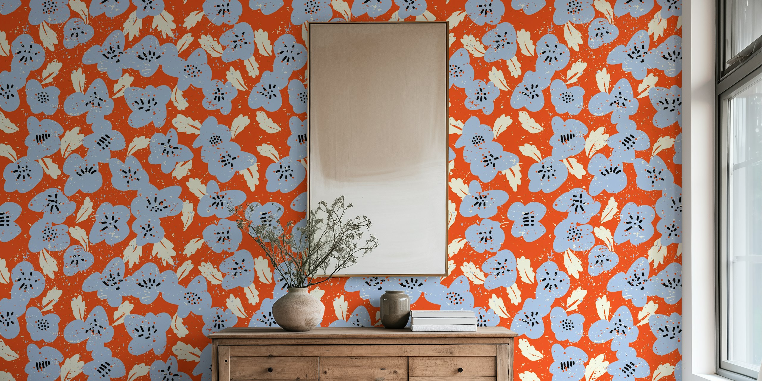 Bold flowers in my garden on happy red in einem Zimmer