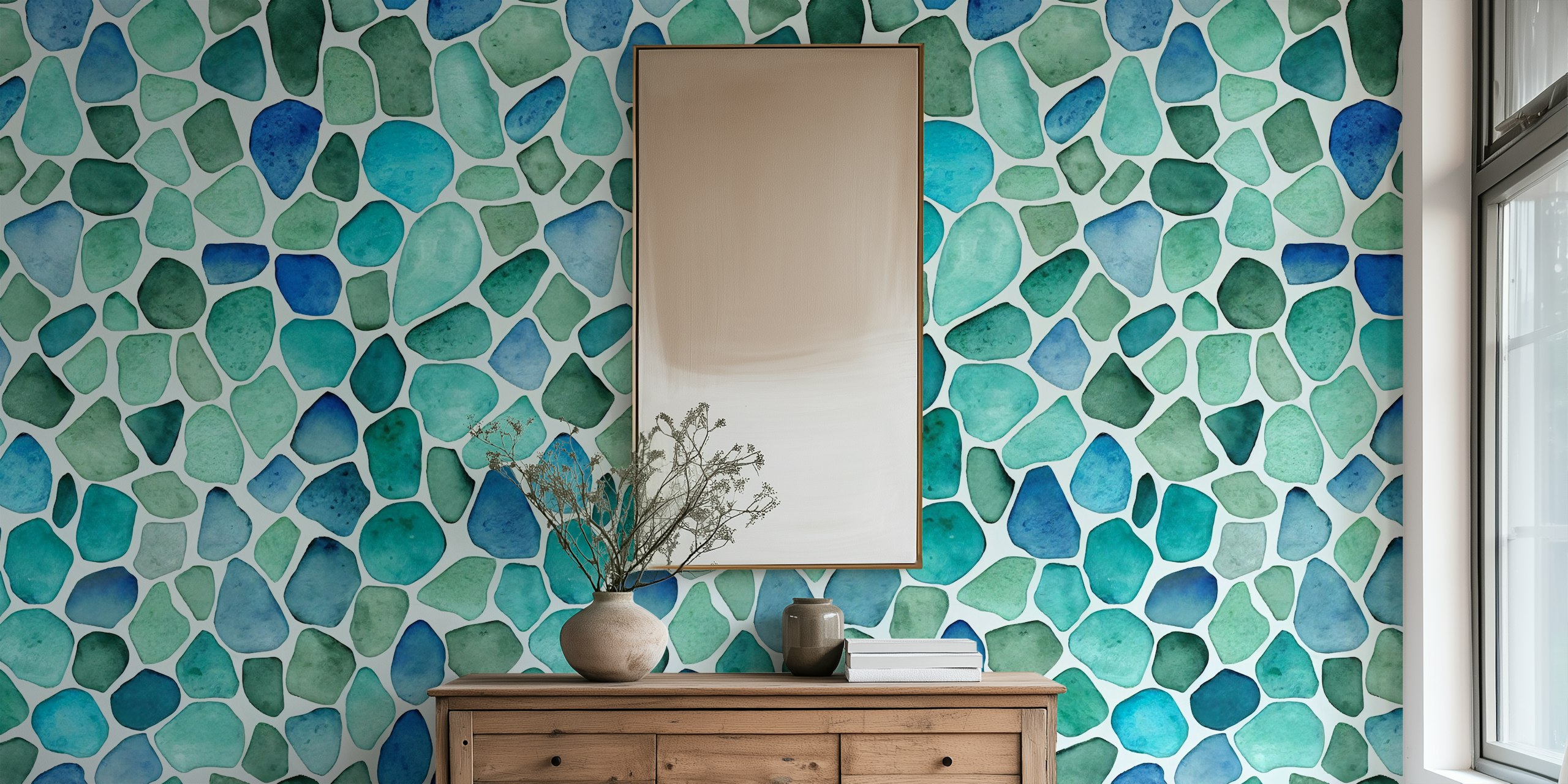 Ταπετσαρία Ocean Vibe Sea Glass Watercolor Blue στο δωμάτιο
