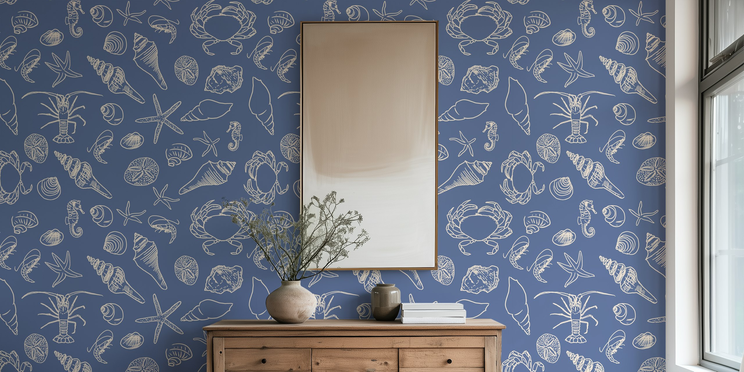 Seahorse, crab, and shell patterns on blue wallpaper