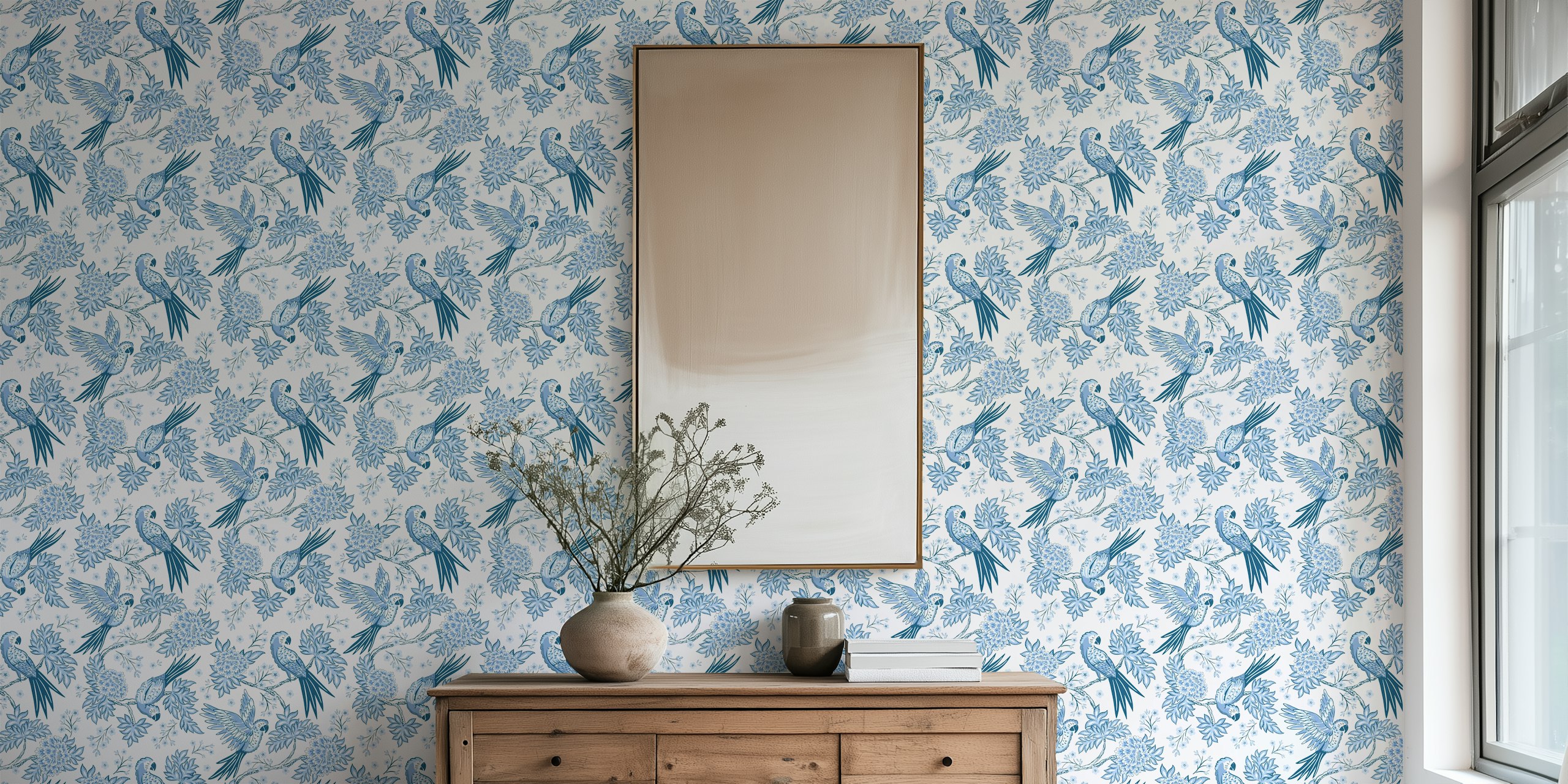 Blue parrot and flower patterns on white background wallpaper
