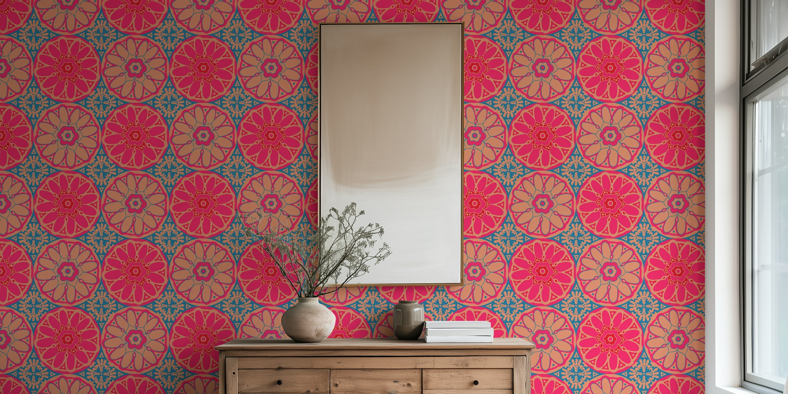 Pink blue mandala wallpaper in a stylish room