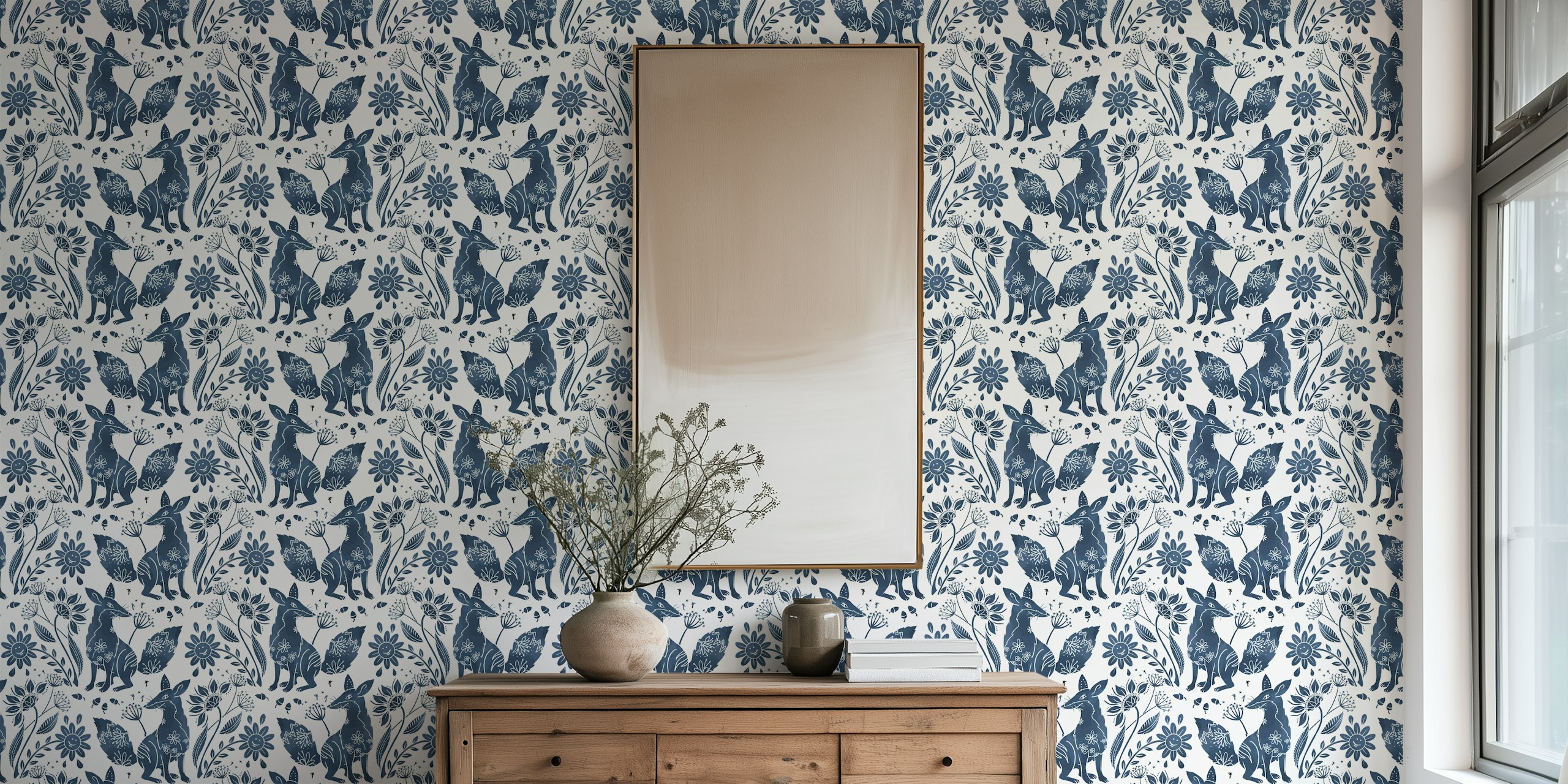 Blue foxes and flowers patterned wallpaper