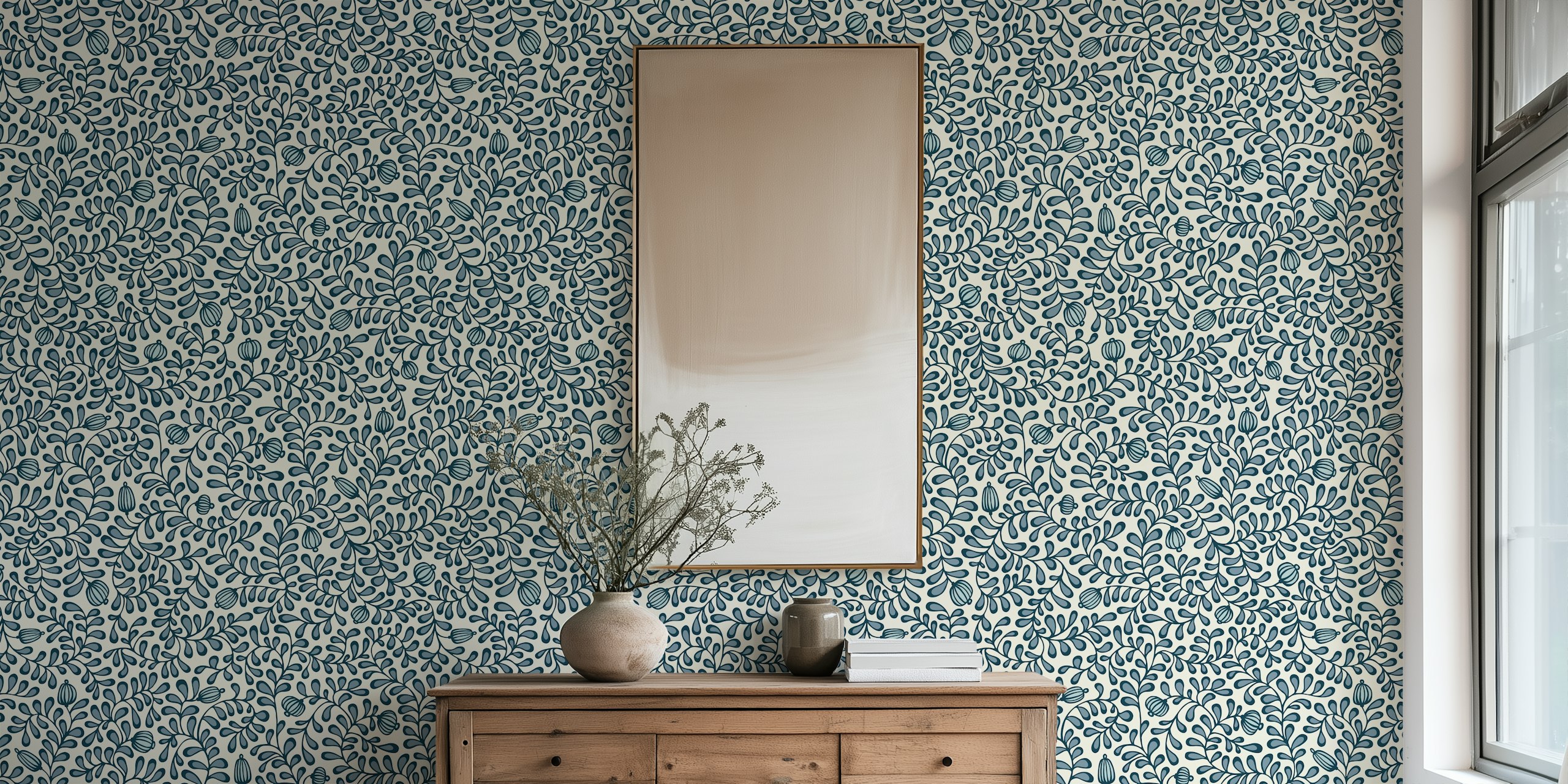 Interieur met Tangled Leaves Grey Blue Behang