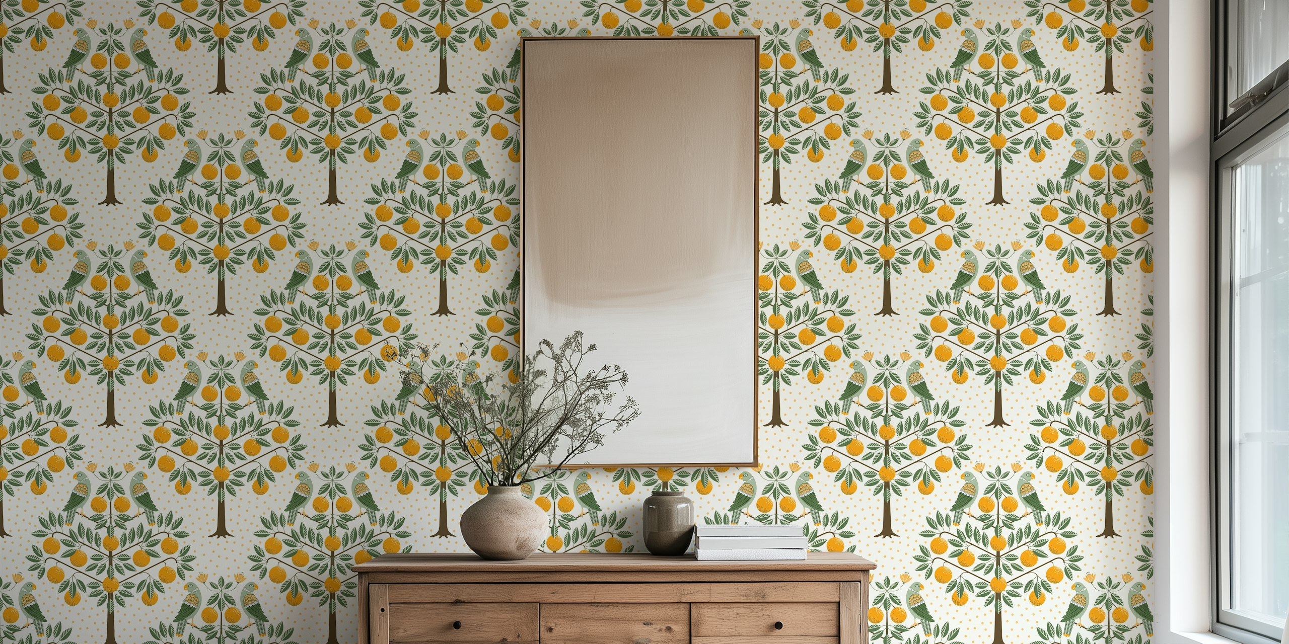 Parrots and orange tree design with green leaves and orange fruit wallpaper