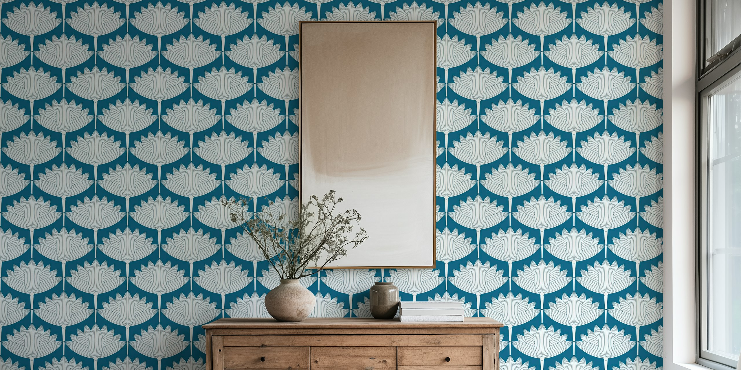 Teal floral design featuring lotus flowers on a wallpaper