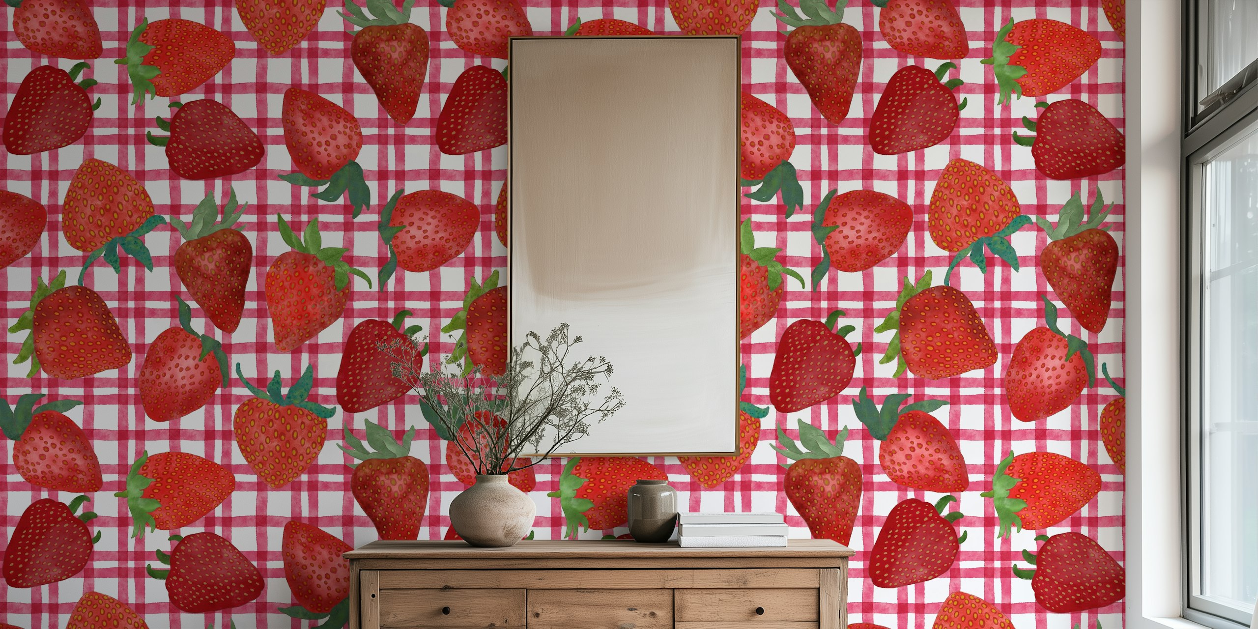 Watercolor strawberries wallpaper in a room