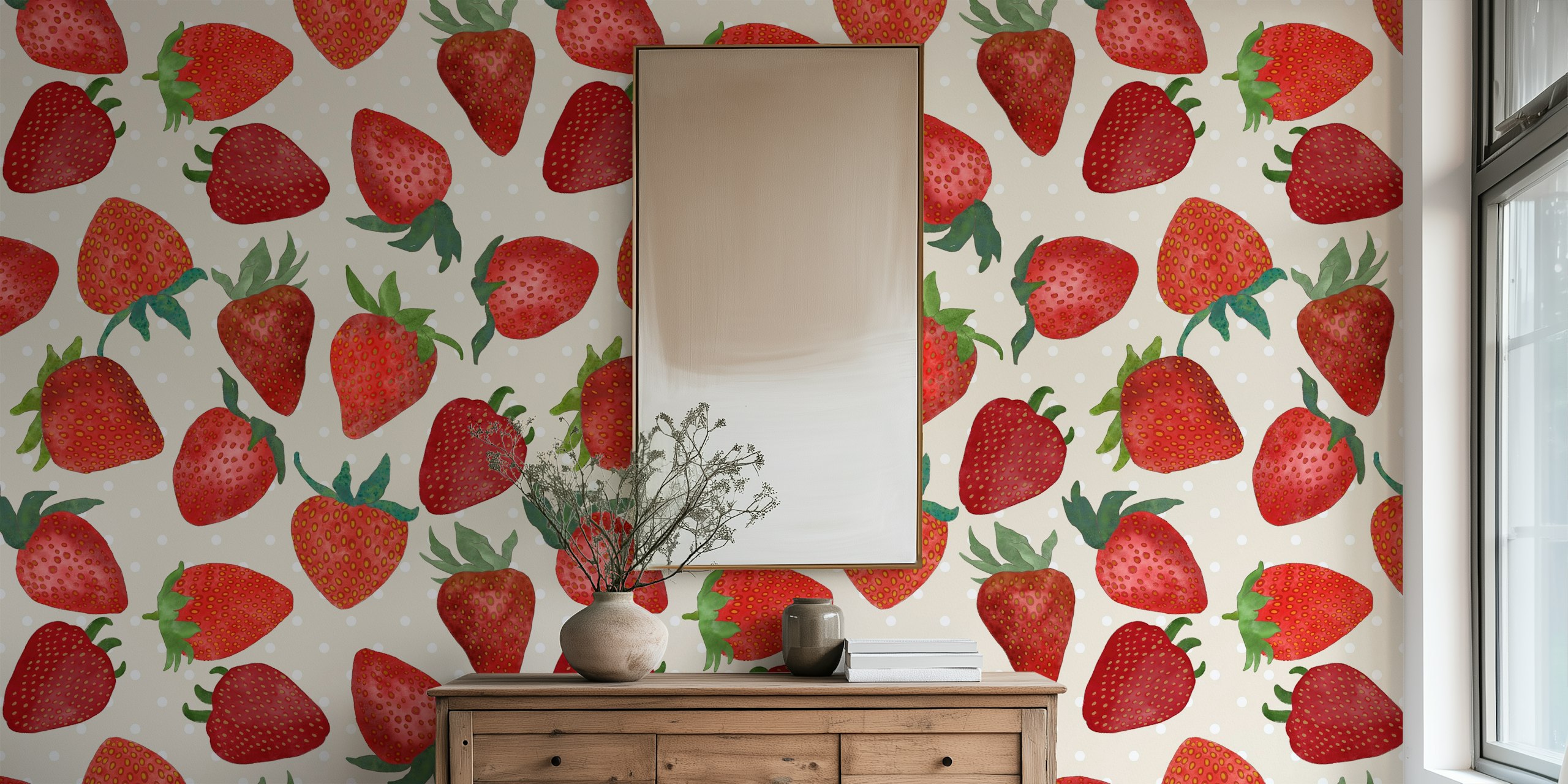 Watercolor strawberries behang in een kamer