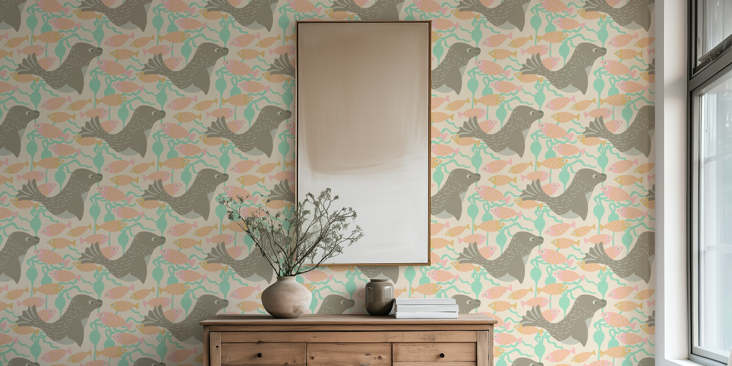 Cute seals and pastel fish with seaweed on beige background wallpaper