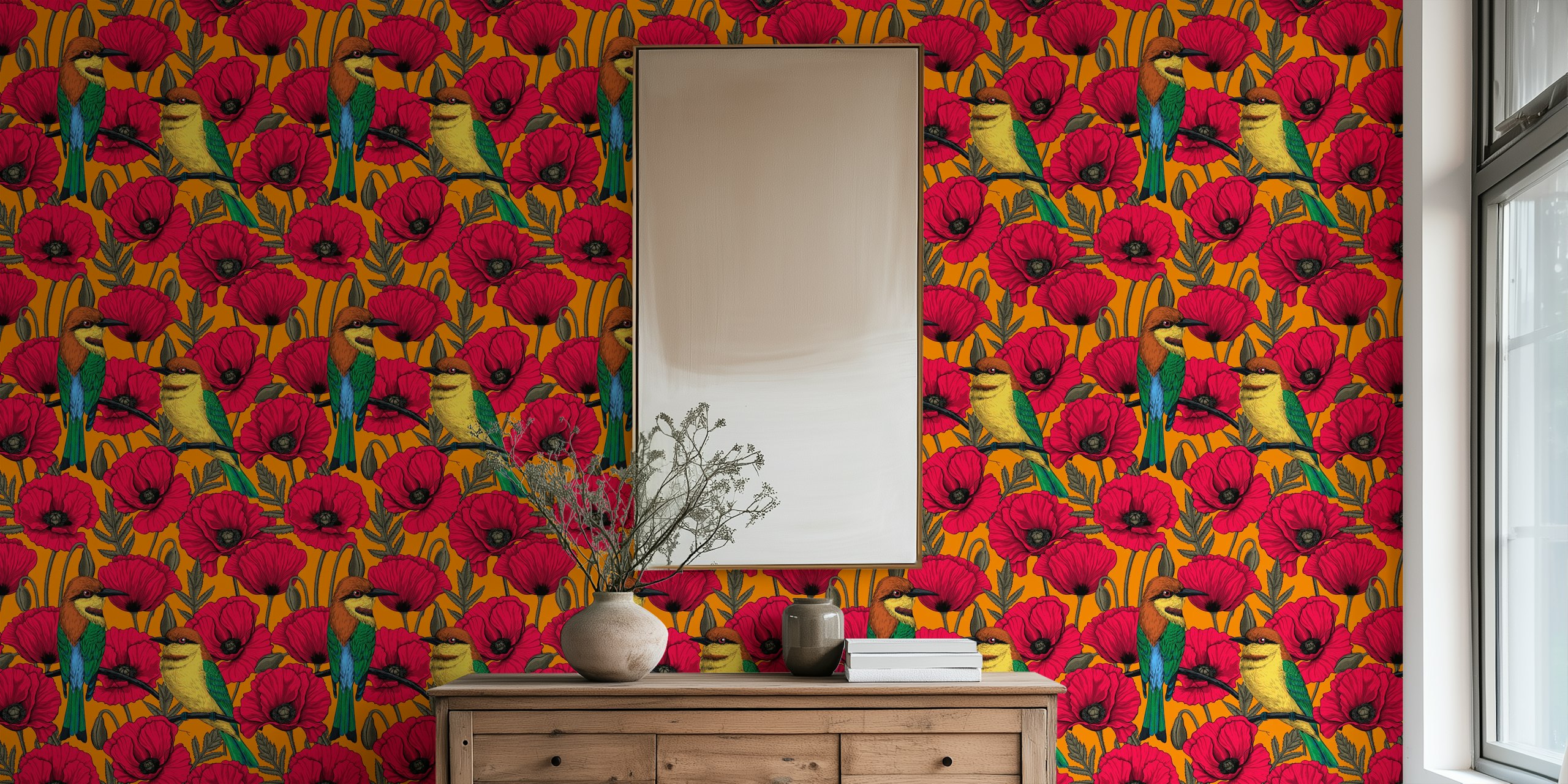 Bee eaters and poppies wallpaper design