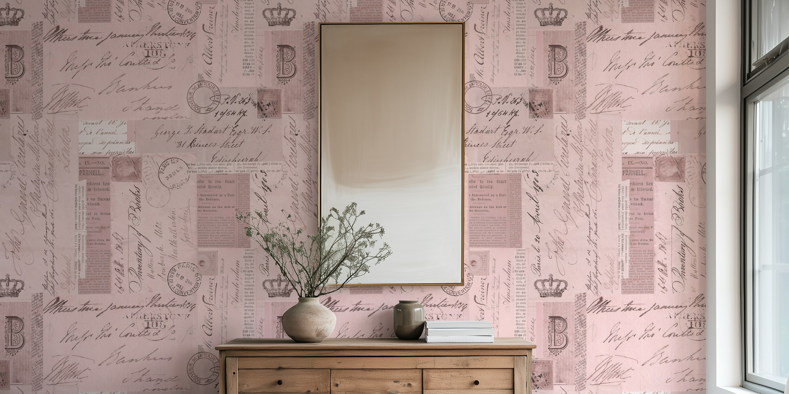 Vintage letters and postcards pattern in pastel pink wallpaper