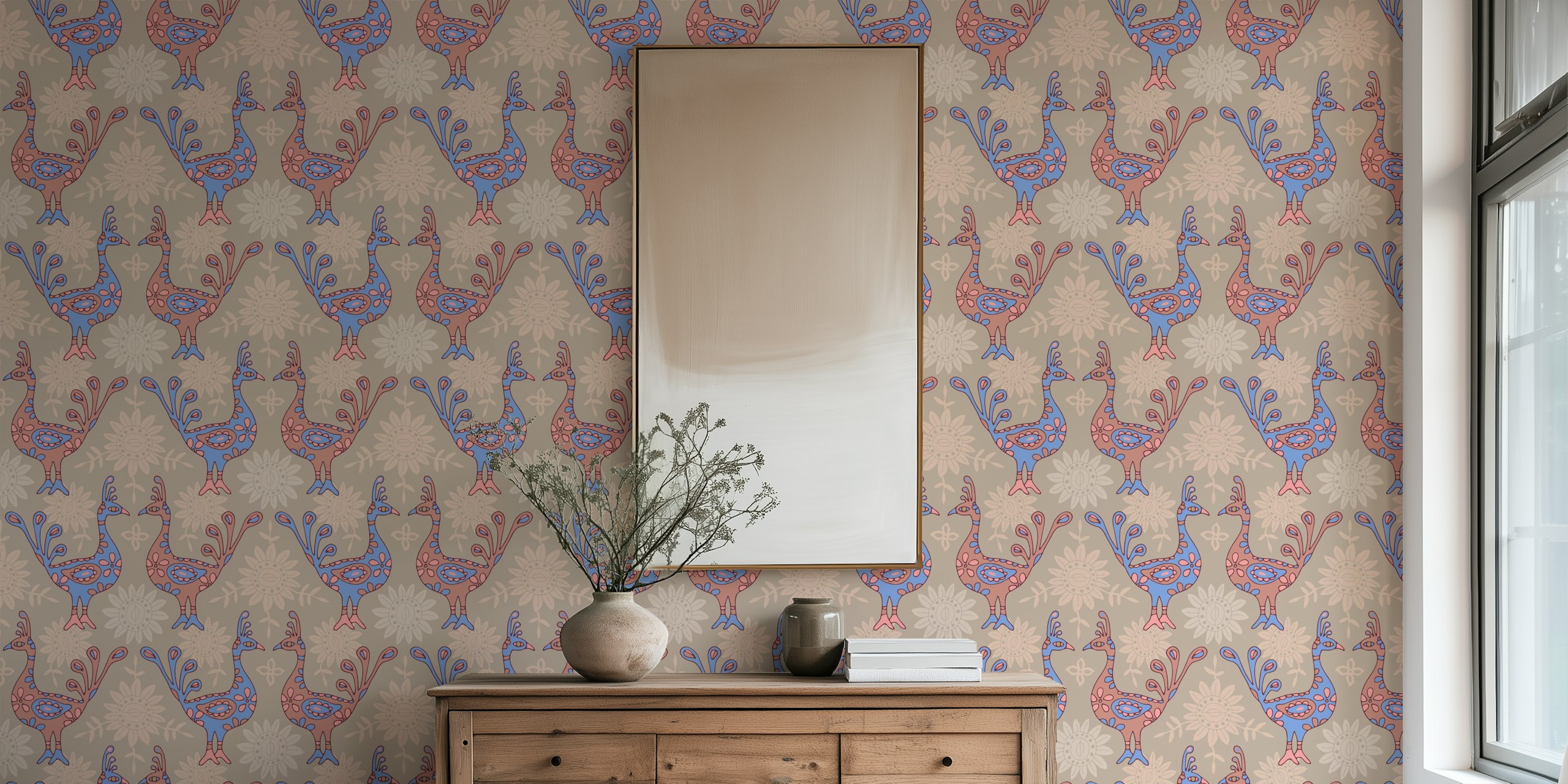 Peacock Garden papel tapiz boho en una habitación
