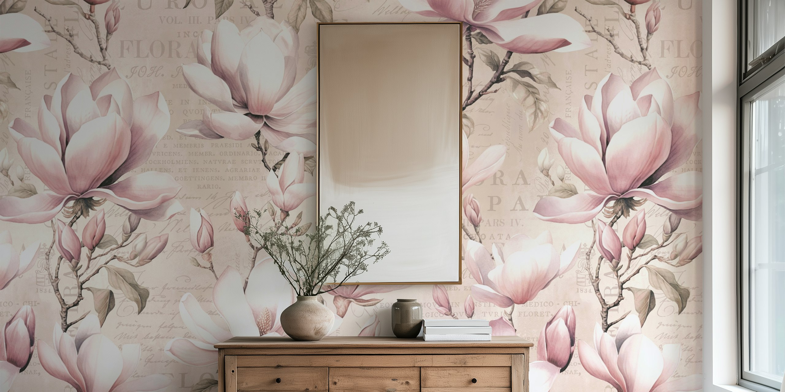 Pink magnolia flowers with green leaves on a vintage background wallpaper