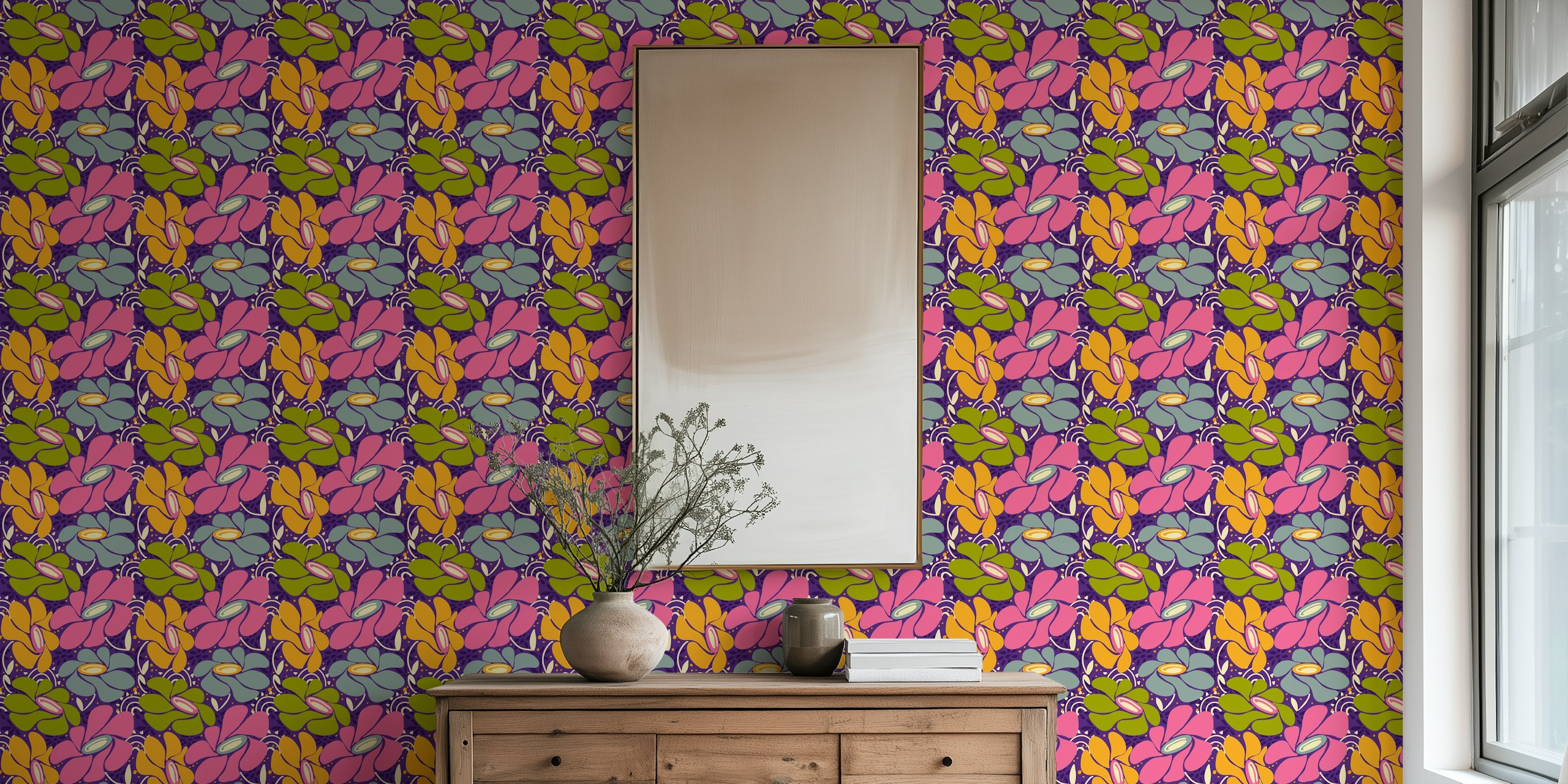 Colorful 70s floral wallpaper pattern