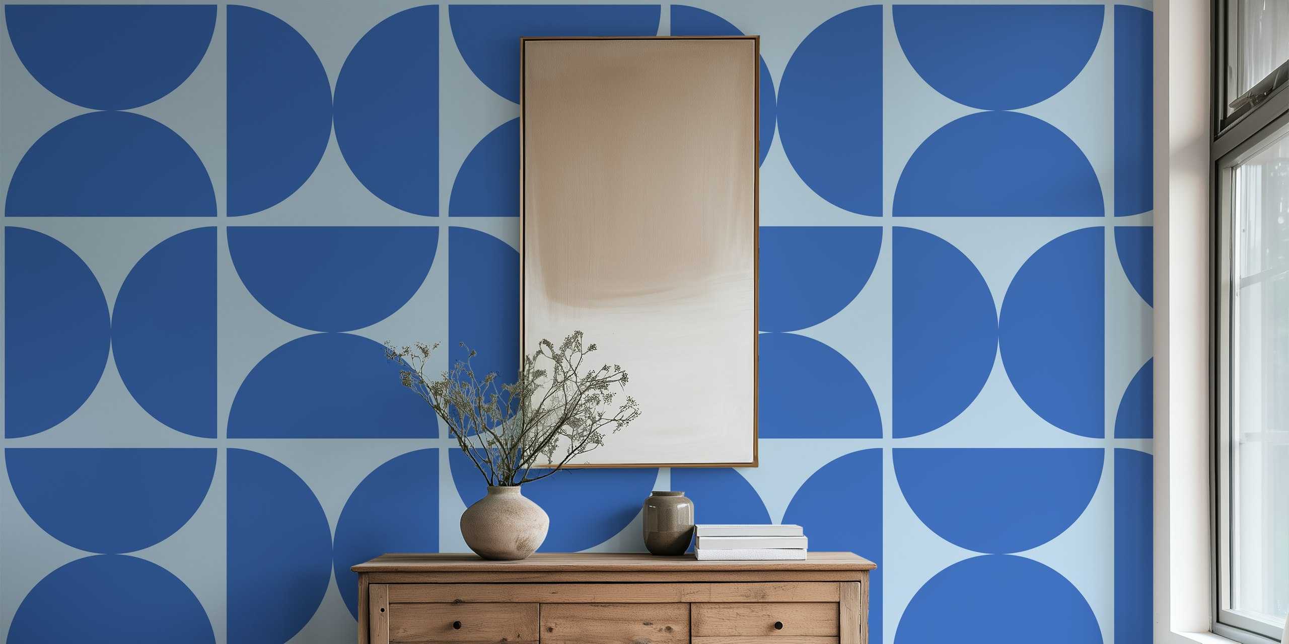 Geometric semicircle pattern in cobalt blue and air blue wallpaper