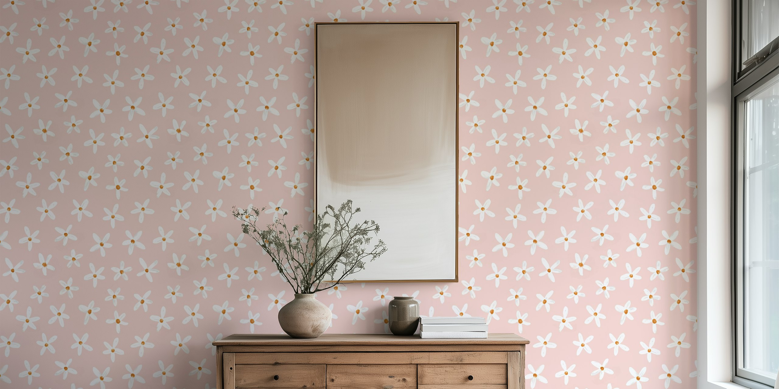 White daisies with yellow centers on pink background wallpaper