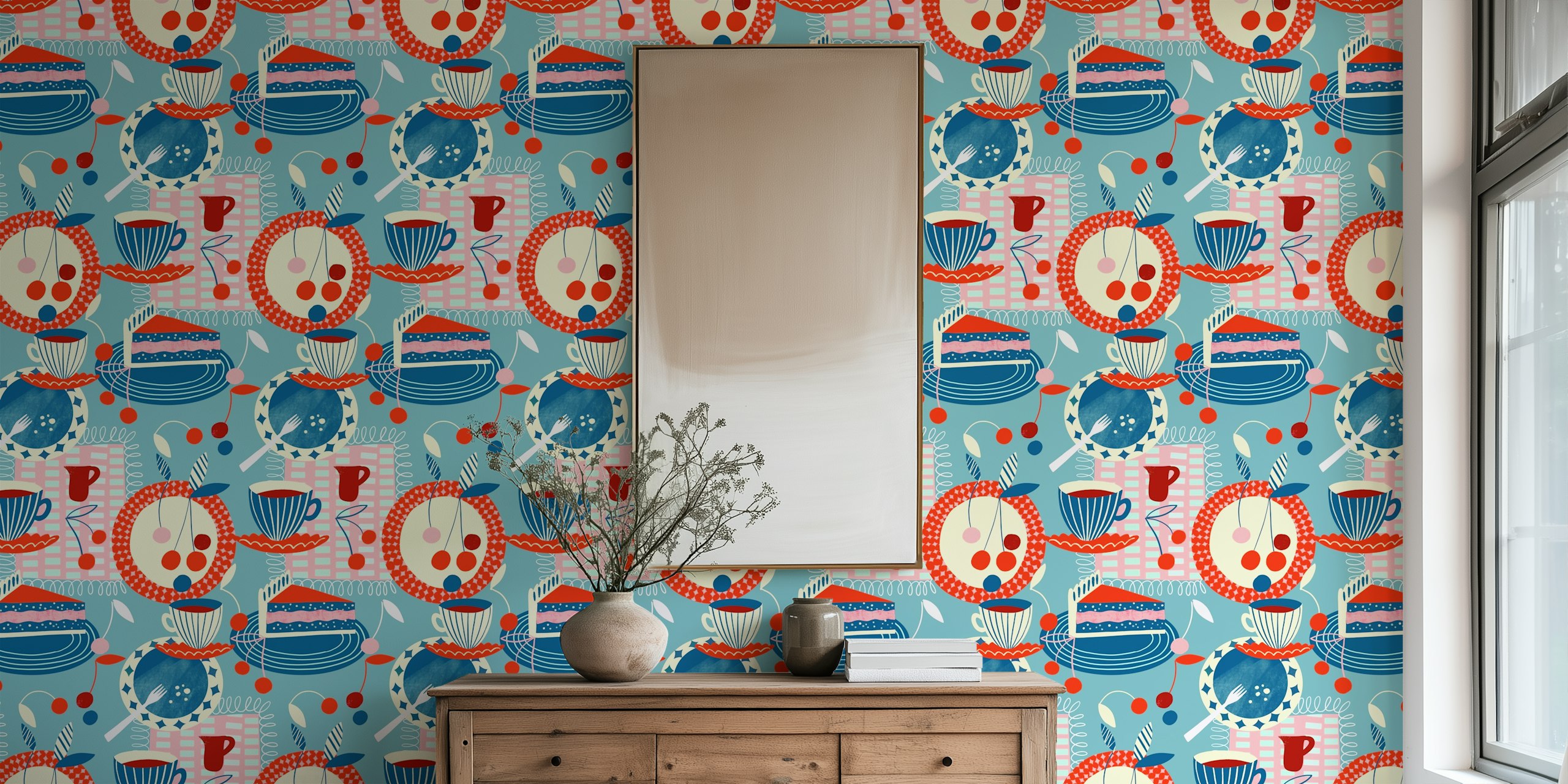 Colorful cherry pie and cup pattern on blue wallpaper