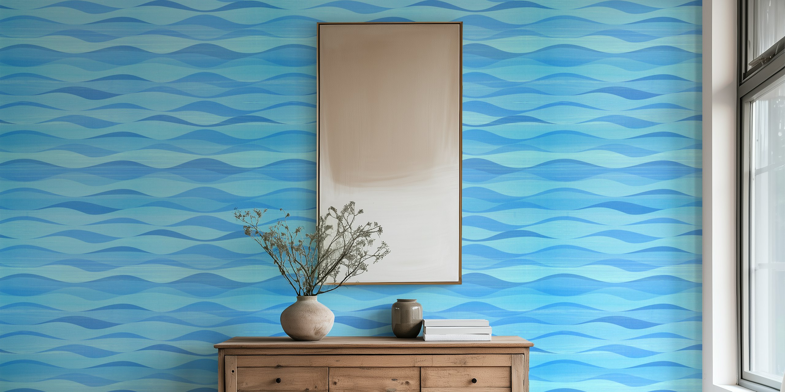 Wavy design in various blue shades wallpaper