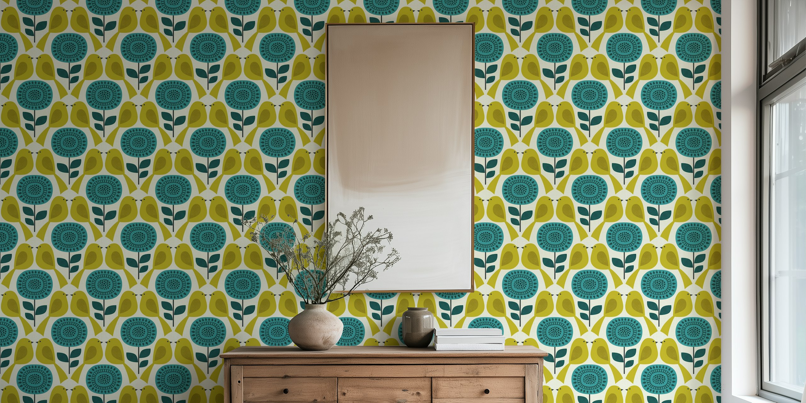 Geometric flowers and birds design tapet