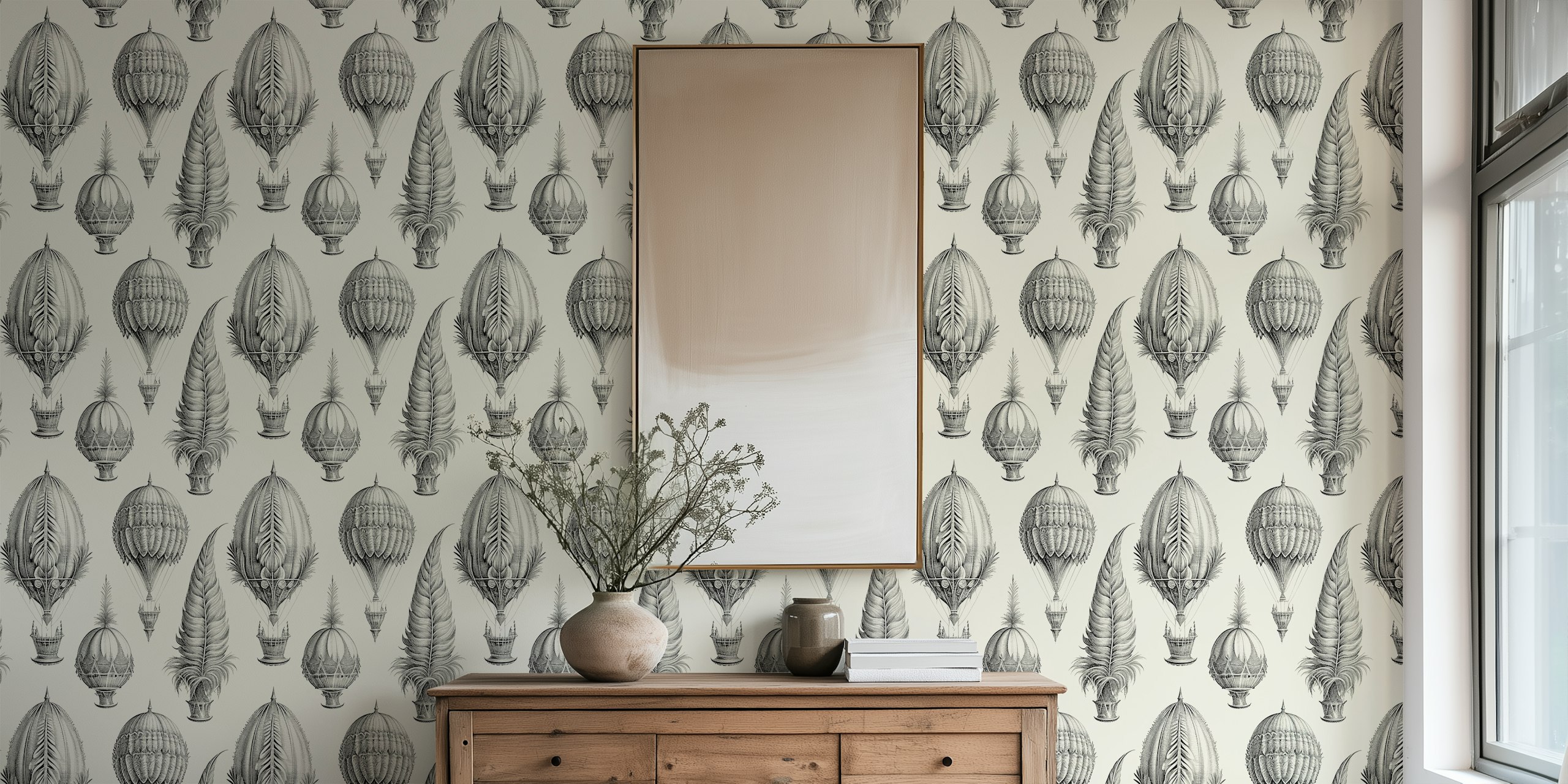 Hot air balloons with intricate details in black and cream wallpaper