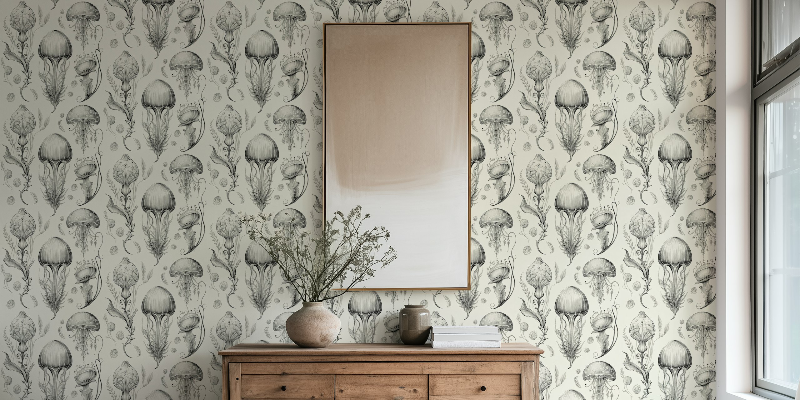 Elegant black and cream jellyfish wall mural design on a neutral background.