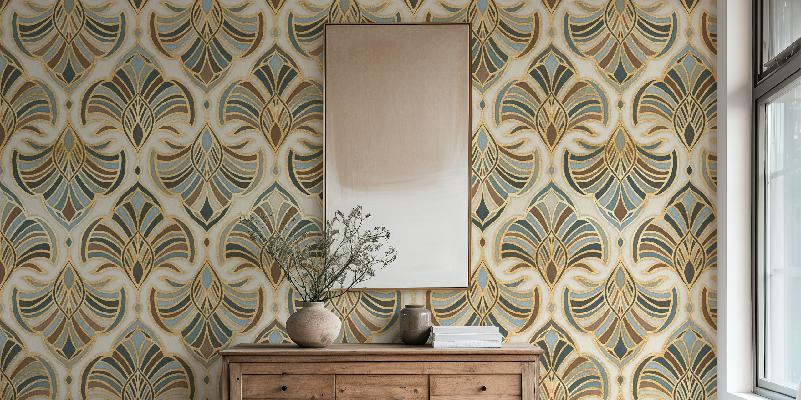 Art Deco Fans in gold und teal auf cremefarbenem Hintergrund wallpaper