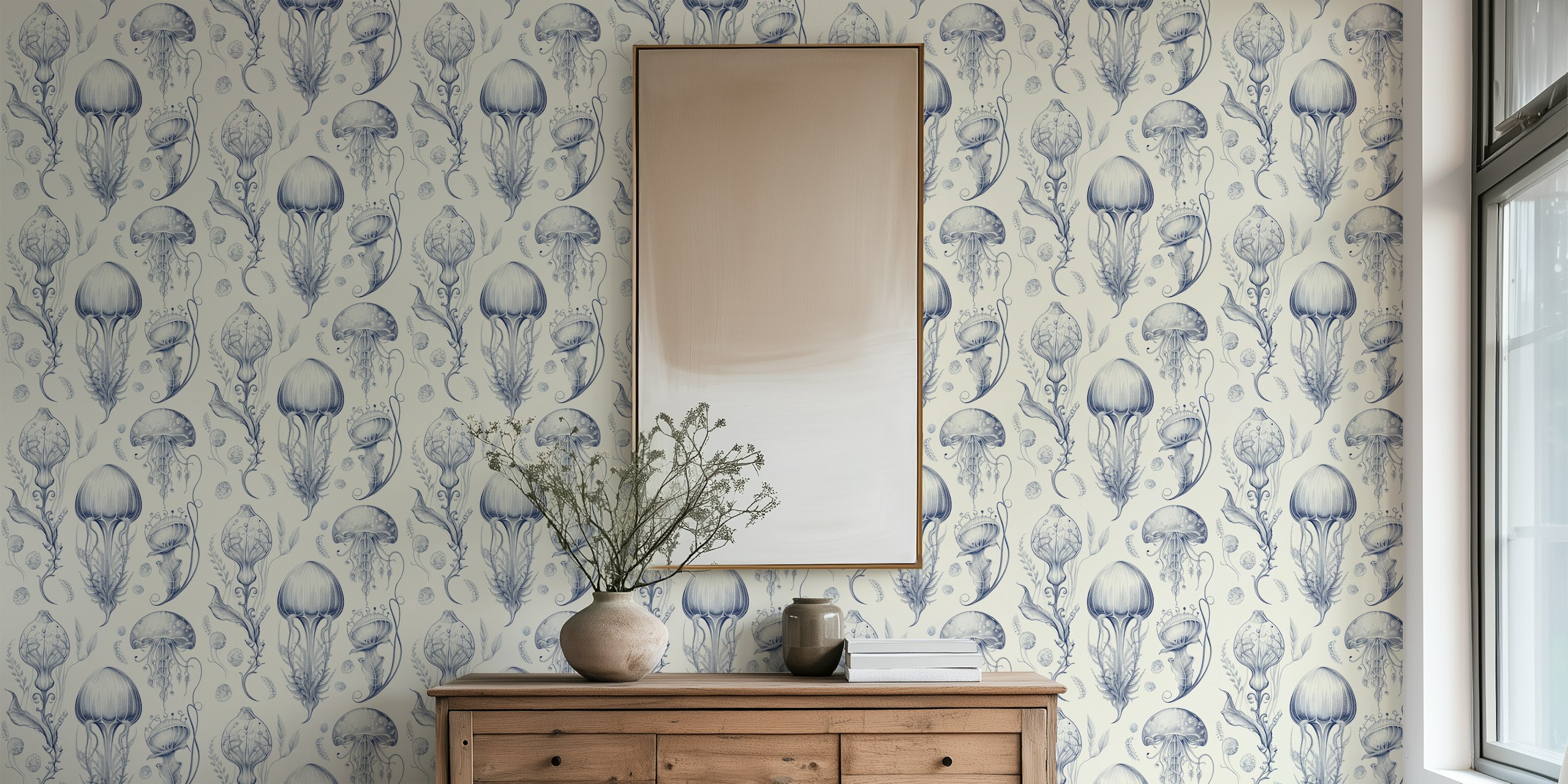 Fotomural medusa azul y crema de Delft con un estampado sereno