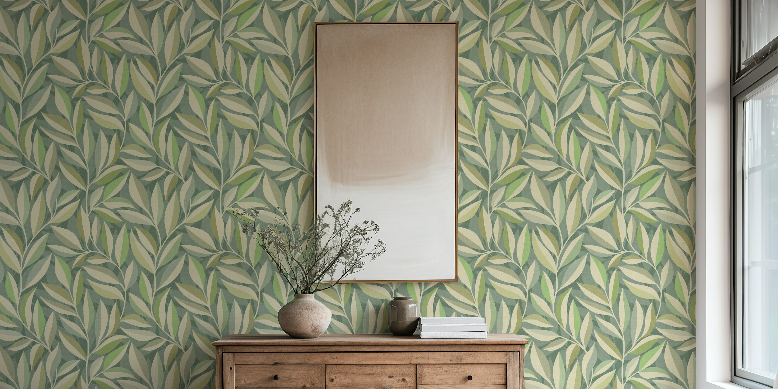 Soft Green Whispering Leaves behang in een kamer