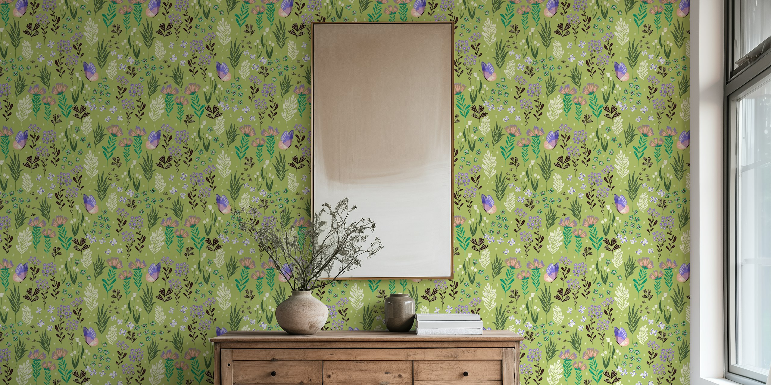 Floral green wallpaper with butterflies and various colorful flowers