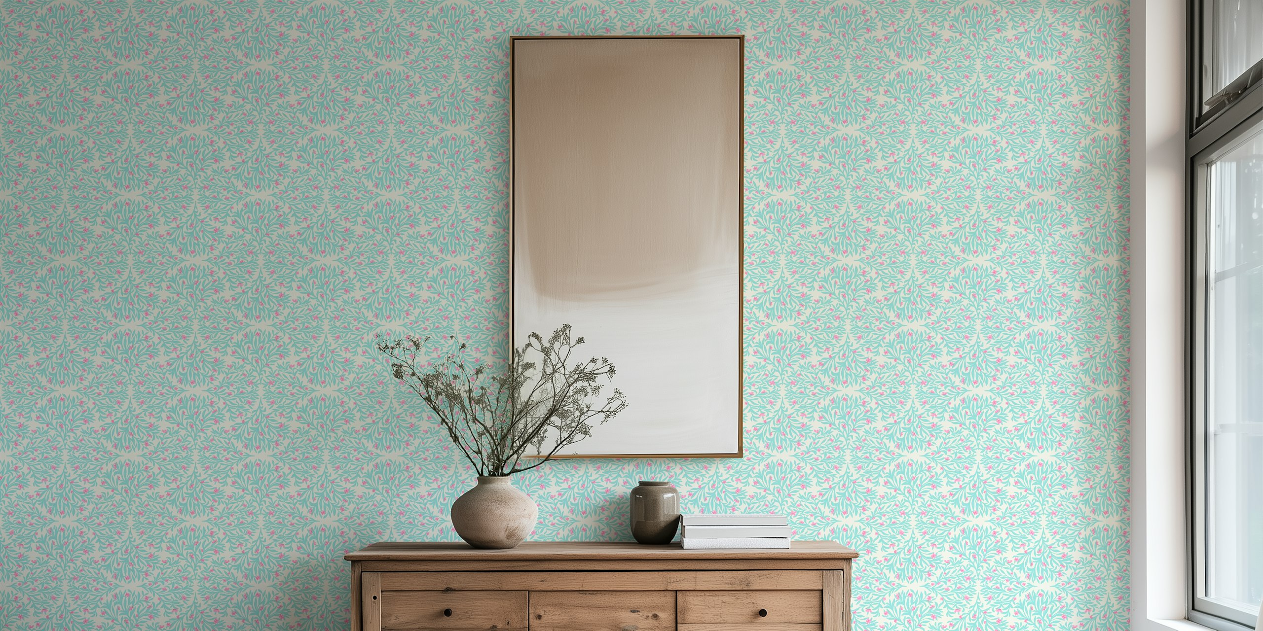 Baby blue Art Deco wallpaper with butterflies