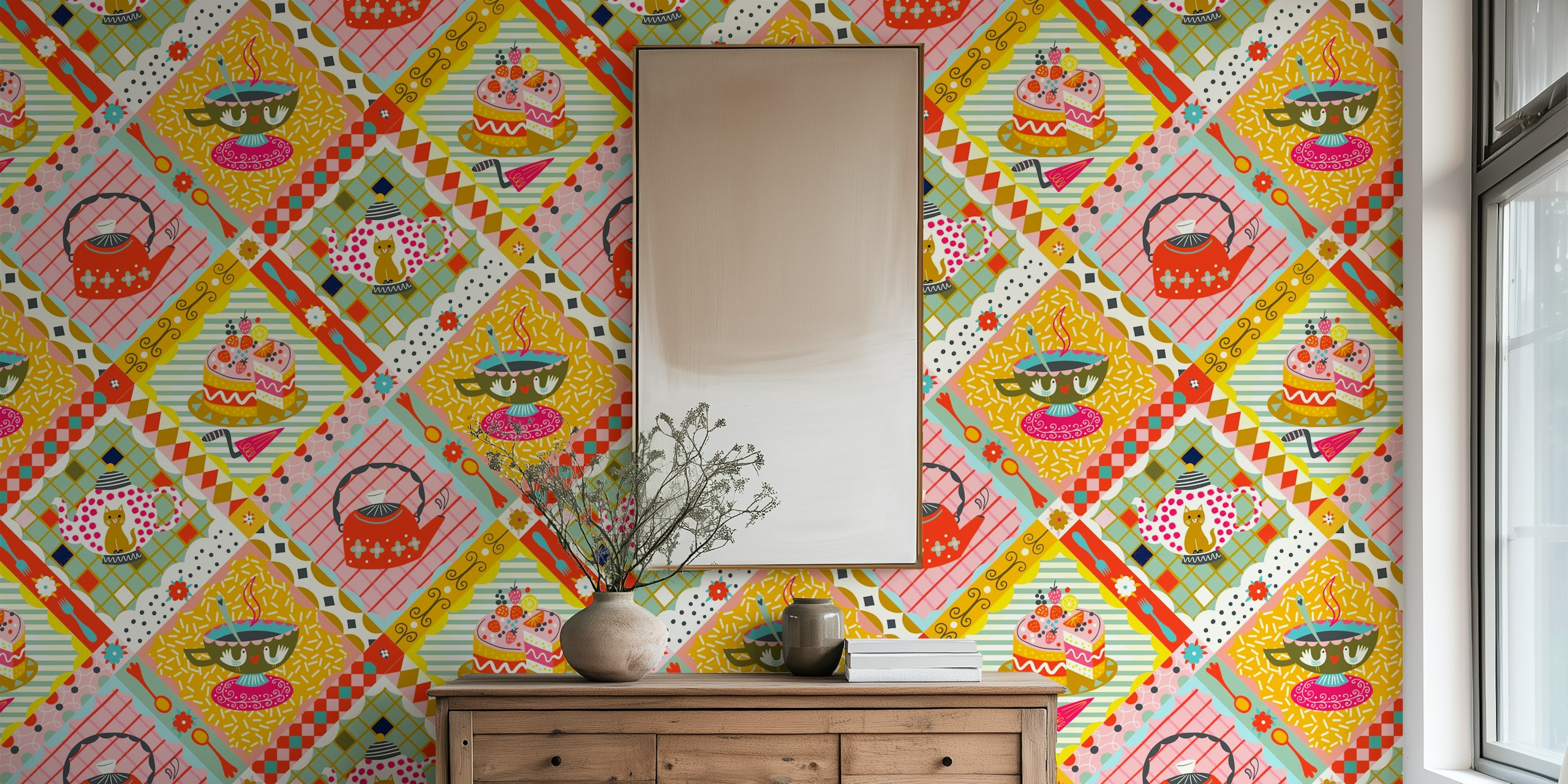 Colorido mural con temática de café y pasteles y un mosaico de tazas de té y teteras.