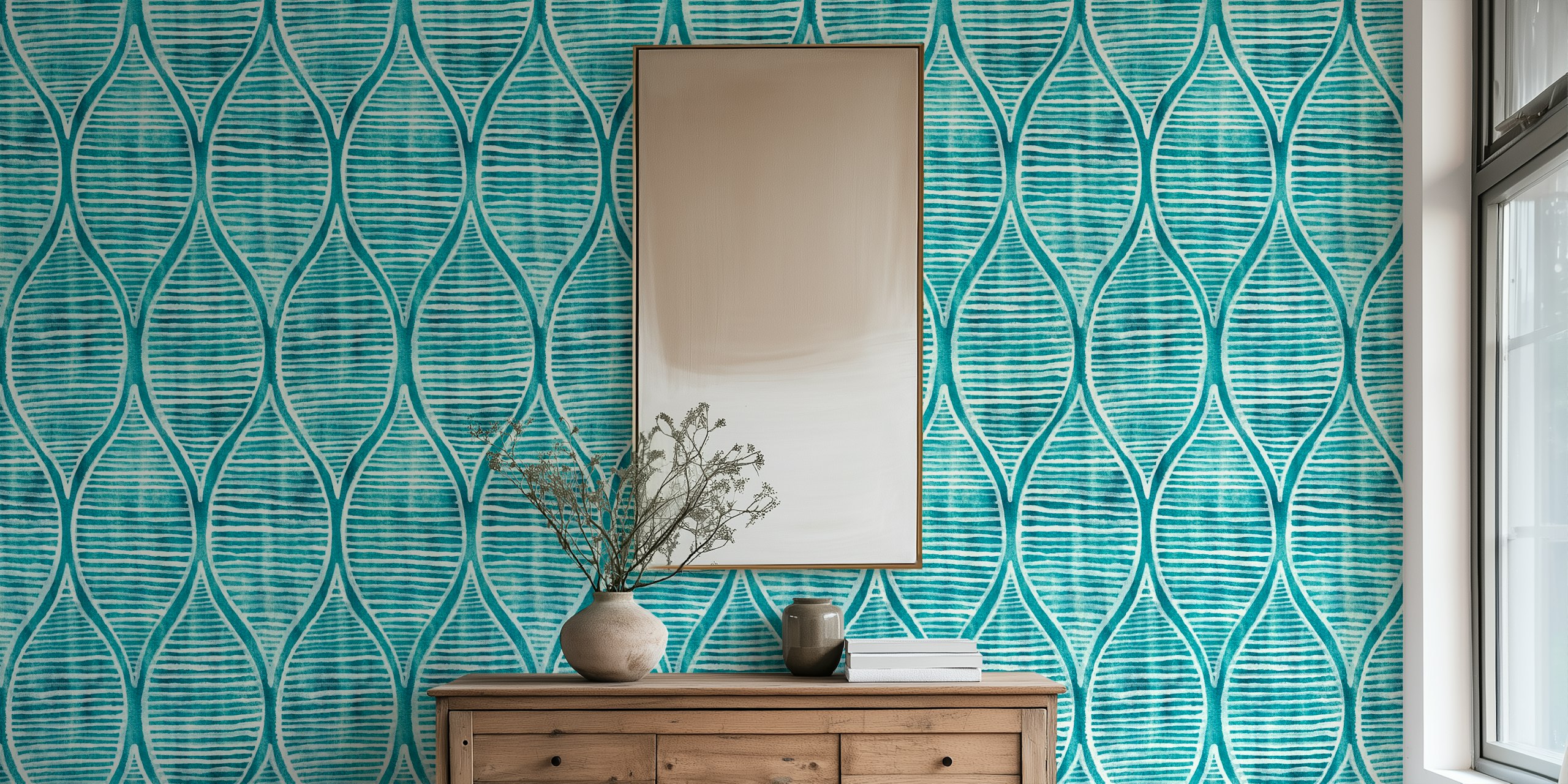 Teal blue and off-white ogee pattern wallpaper