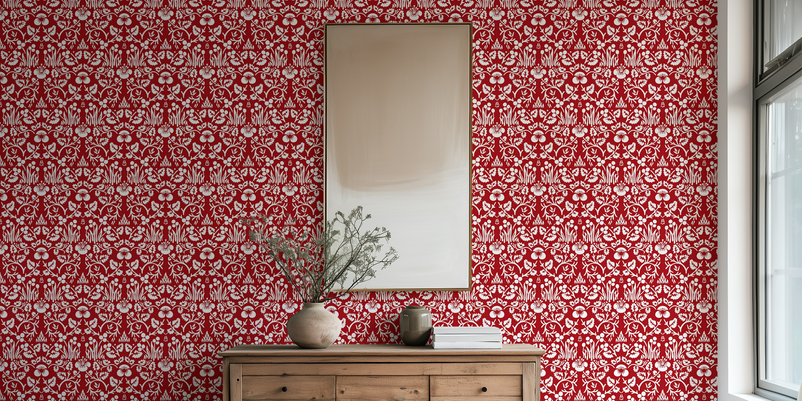 Victorian Eyebright floral pattern in red and white wallpaper