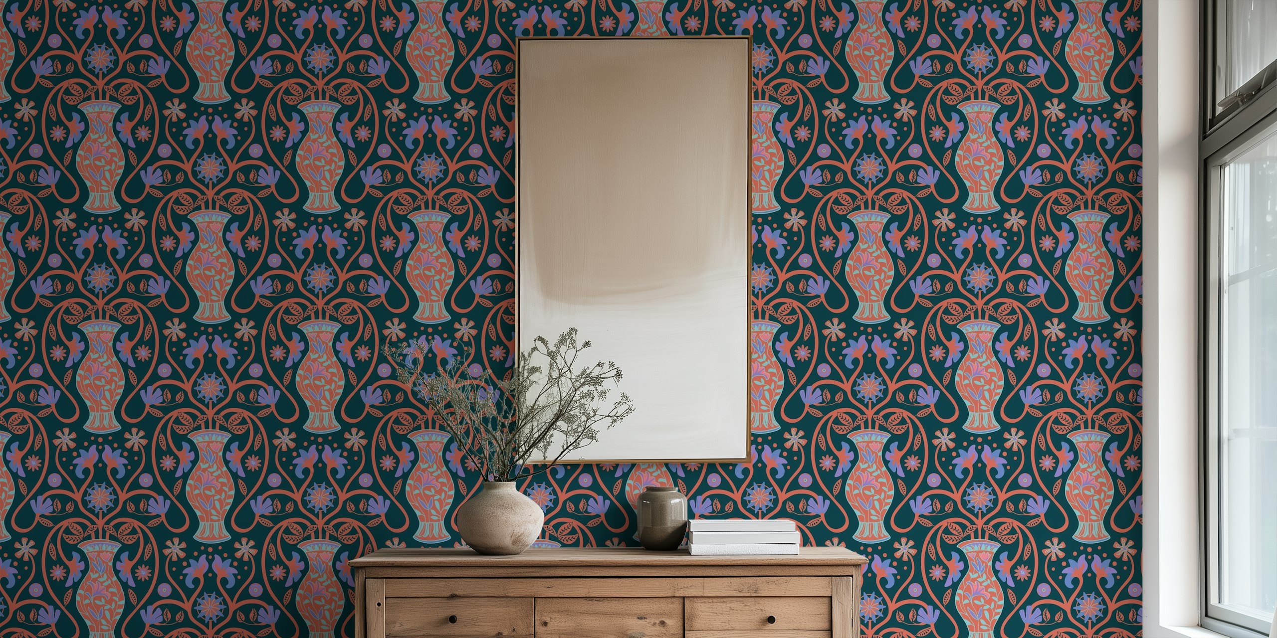 Mediterranean floral terracotta design with vases and flowers wallpaper