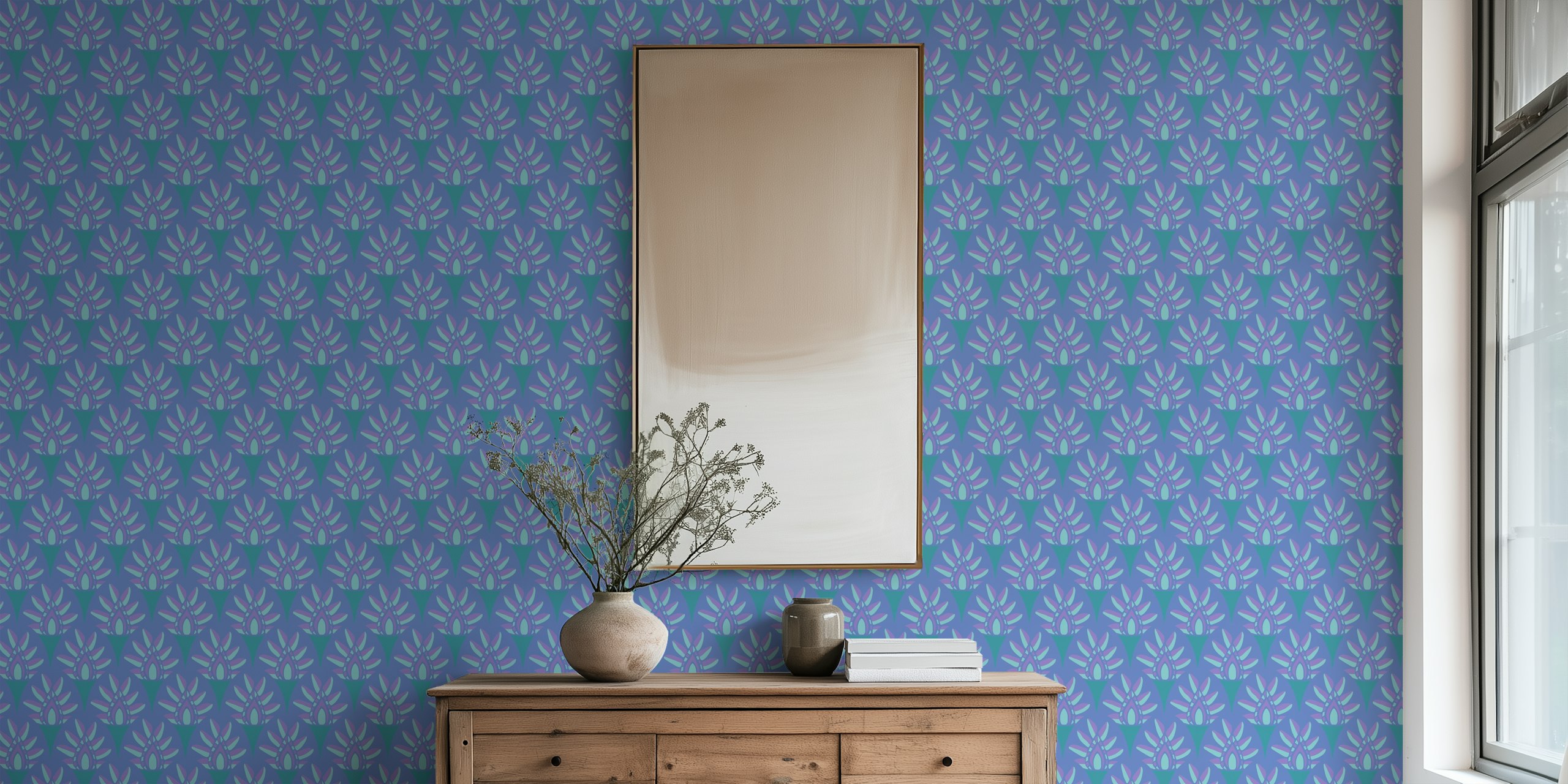 Blue botanical leaf pattern wallpaper, geometric design, teal accents